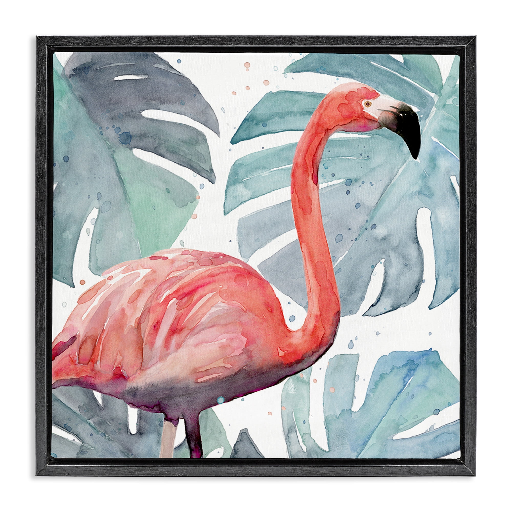 Stupell Industries Flamingo over Tropical Greenery Animals & Insects Painting Black Floater Framed Canvas Art Print Wall Art, 25 x 25