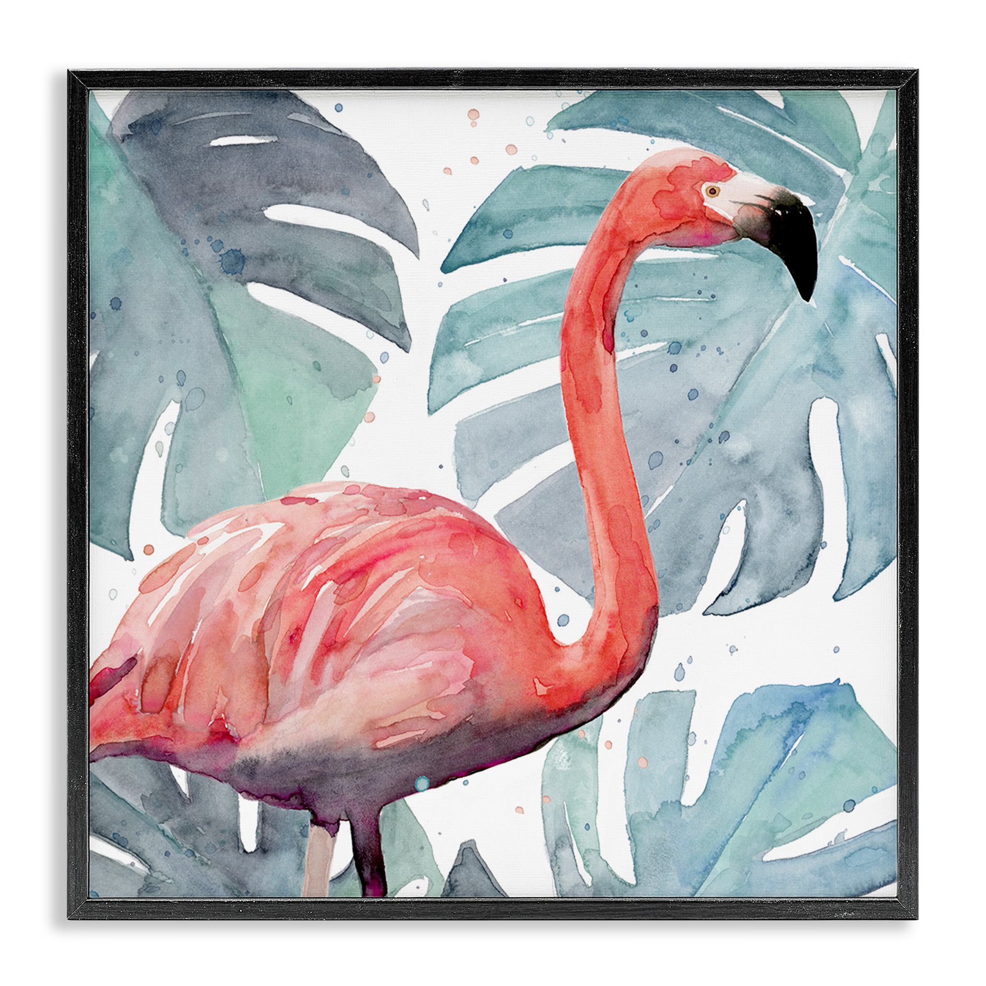 Stupell Industries Flamingo over Tropical Greenery Animals & Insects Painting Black Framed Art Print Wall Art, 17 x 17