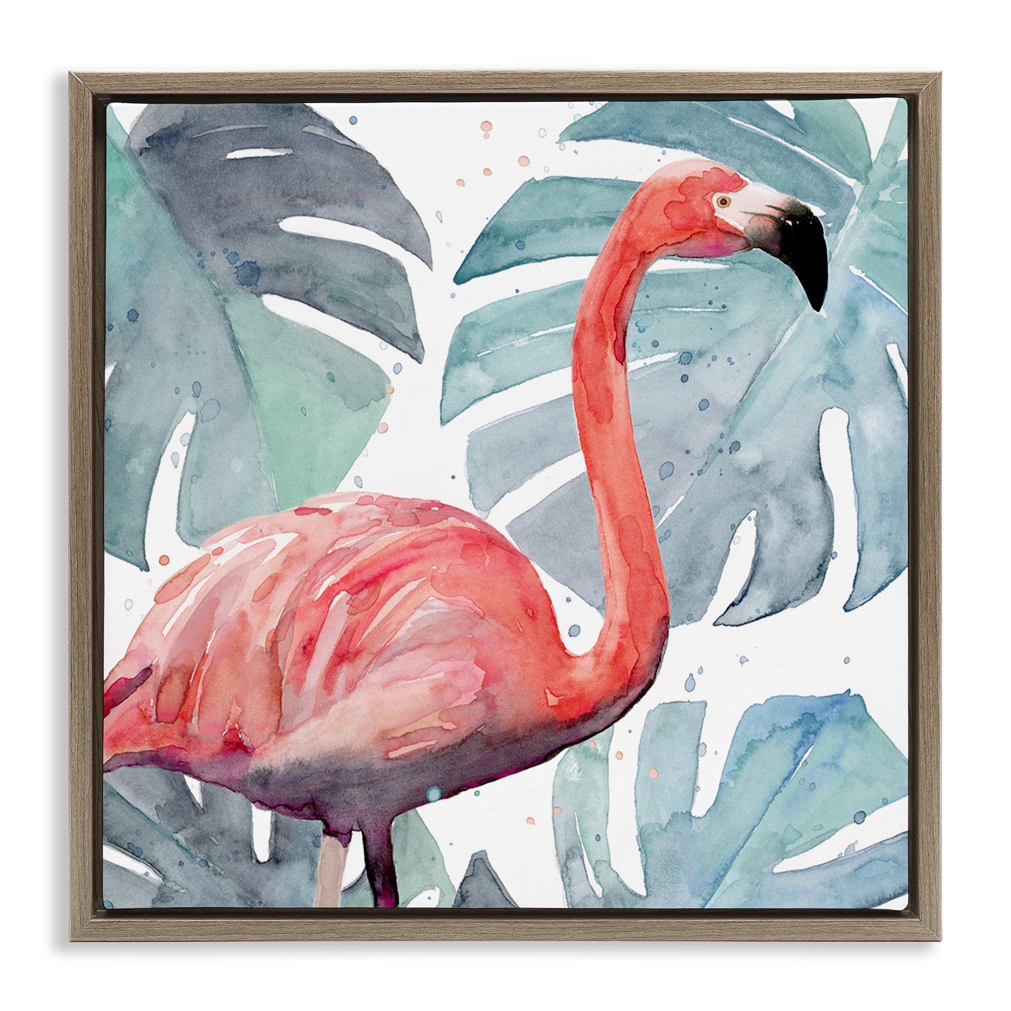 Stupell Industries Flamingo over Tropical Greenery Animals & Insects Painting Brown Floater Framed Canvas Art Print Wall Art, 18 x 18