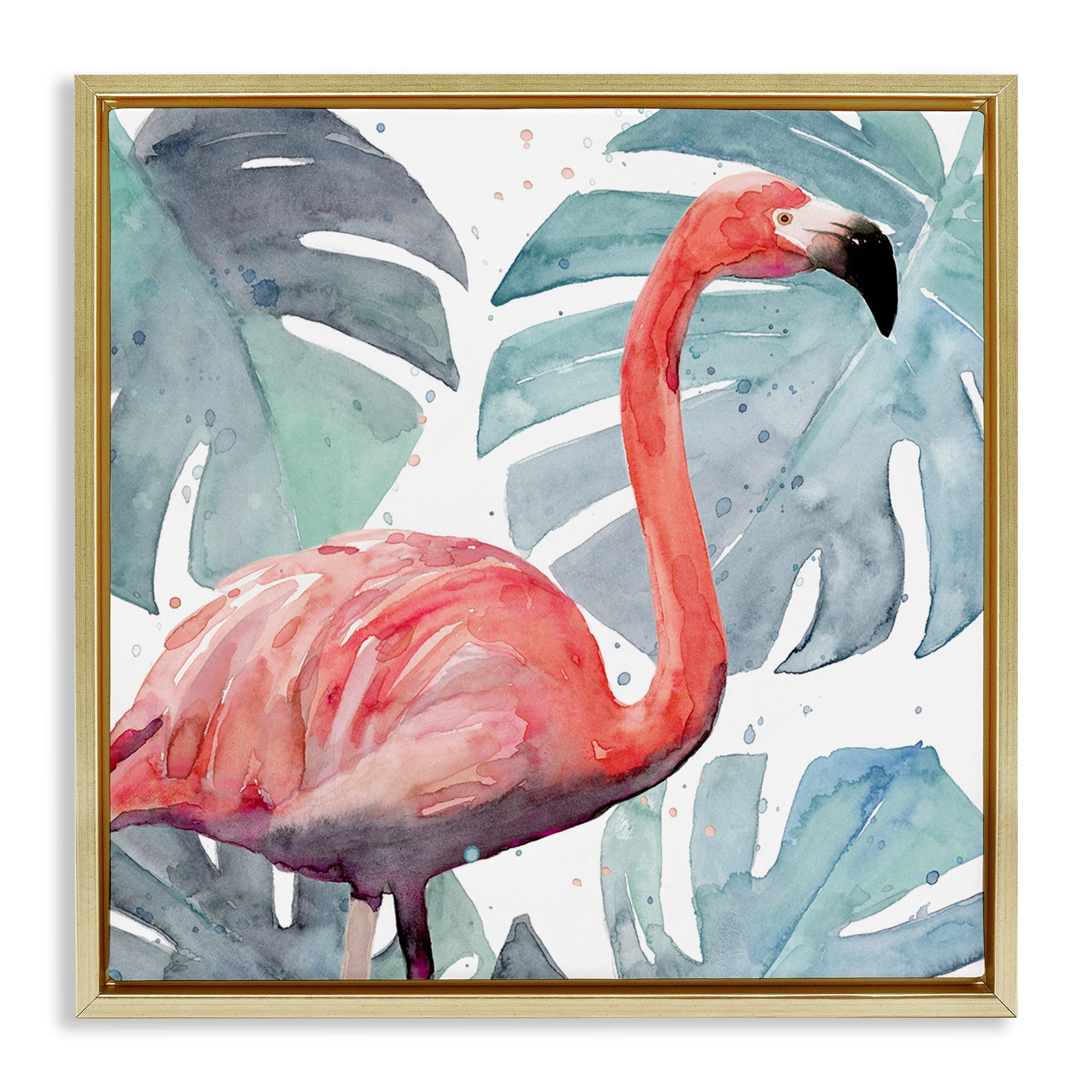 Stupell Industries Flamingo over Tropical Greenery Animals & Insects Painting Gold Floater Framed Canvas Art Print Wall Art, 18 x 18
