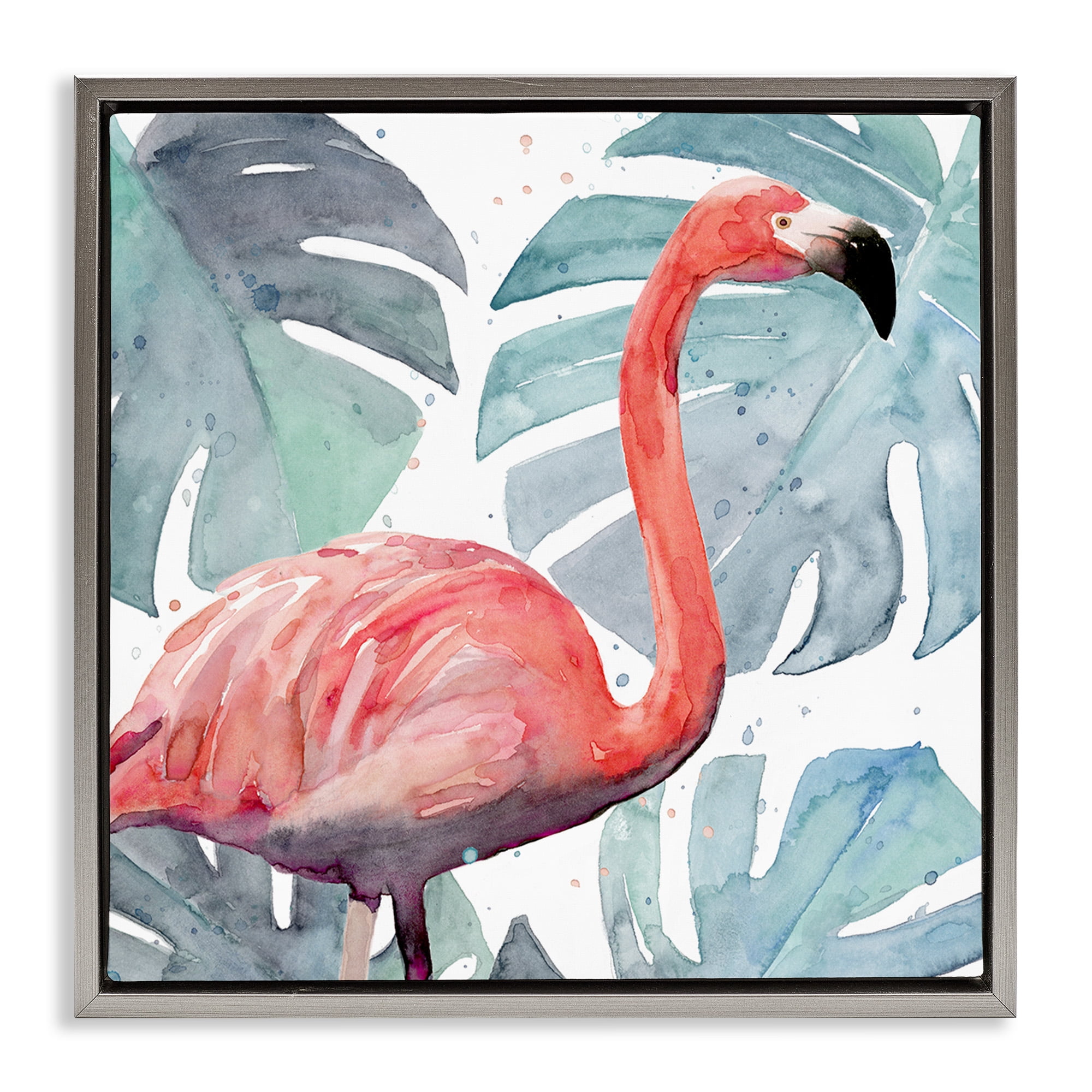 Stupell Industries Flamingo over Tropical Greenery Animals & Insects Painting Gray Floater Framed Canvas Art Print Wall Art, 25 x 25