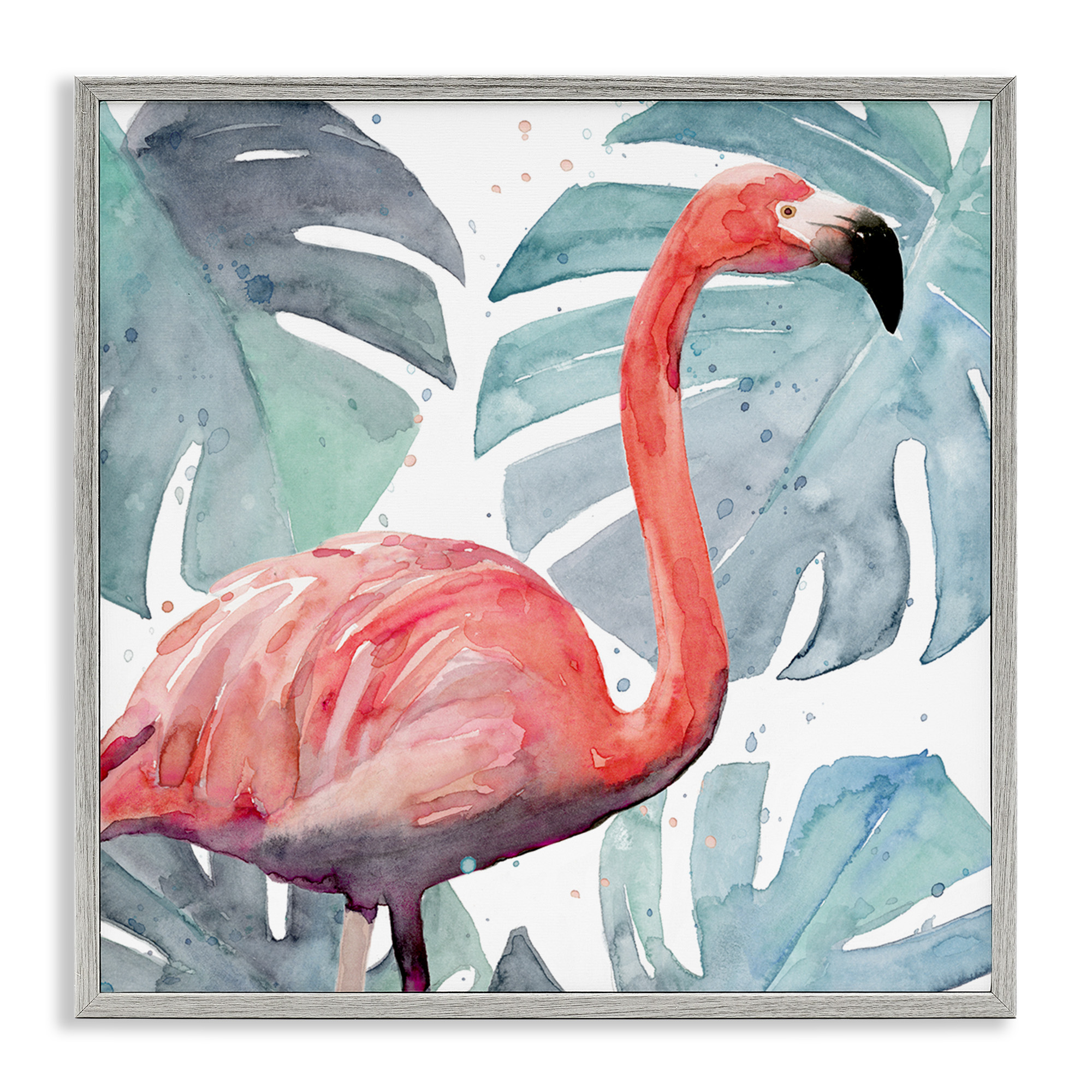 Stupell Industries Flamingo over Tropical Greenery Animals & Insects Painting Gray Framed Art Print Wall Art, 12 x 12