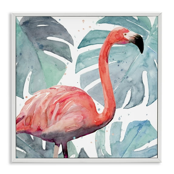 Stupell Industries Flamingo over Tropical Greenery Animals & Insects Painting White Framed Art Print Wall Art, 17 x 17