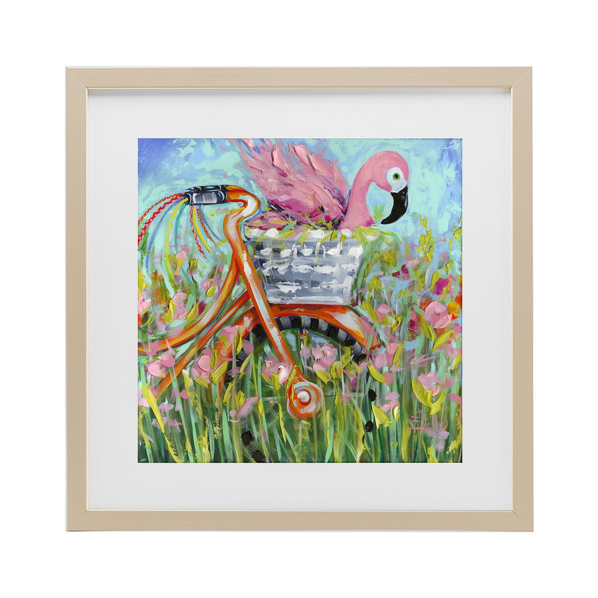 Stupell Industries Flamingo's Free Bicycle Ride Birch Framed Print Under Glass, design by Estelle Grengs