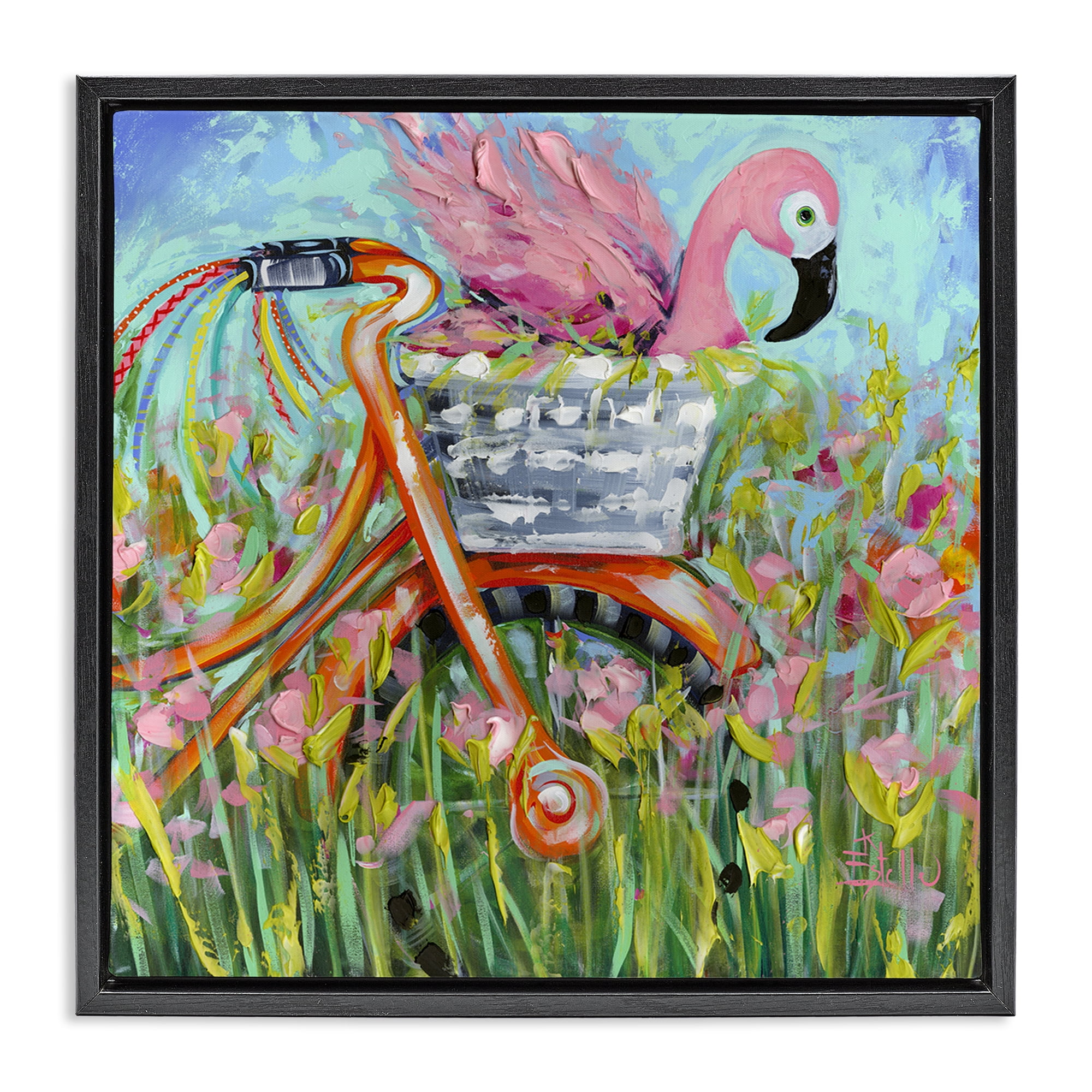 Stupell Industries Flamingo's Free Bicycle Ride Black Framed Floater Canvas Wall Art, design by Estelle Grengs