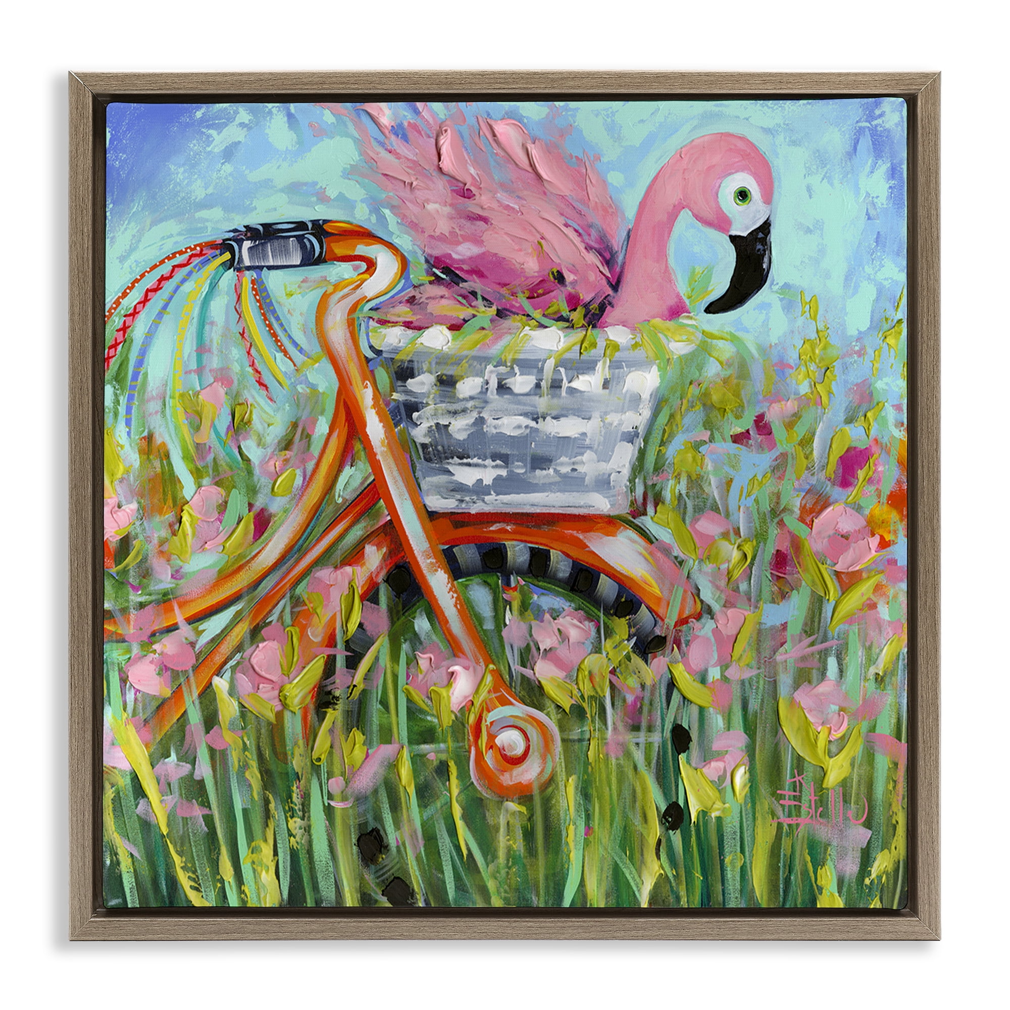 Stupell Industries Flamingo's Free Bicycle Ride Brown Framed Floater Canvas Wall Art, design by Estelle Grengs