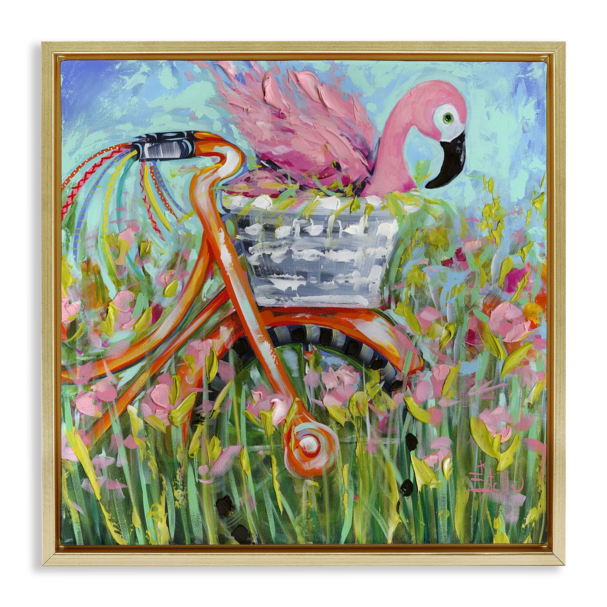 Stupell Industries Flamingo's Free Bicycle Ride Gold Framed Floater Canvas Wall Art, design by Estelle Grengs