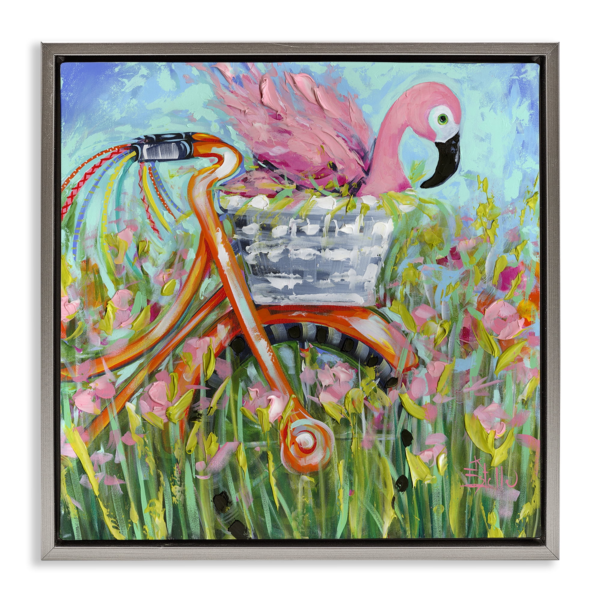 Stupell Industries Flamingo's Free Bicycle Ride Gray Framed Floater Canvas Wall Art, design by Estelle Grengs