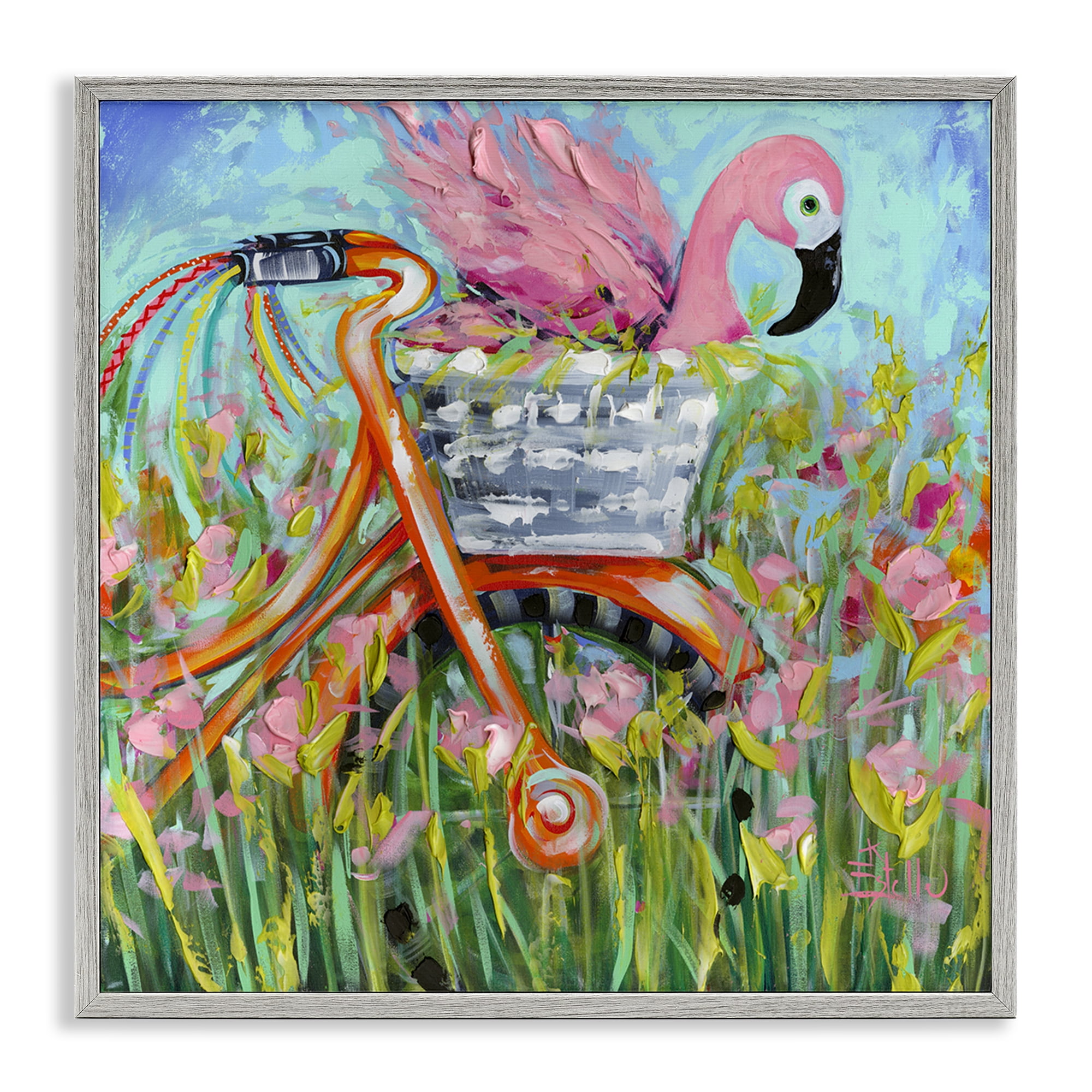 Stupell Industries Flamingo's Free Bicycle Ride Gray Framed Giclee Art, design by Estelle Grengs