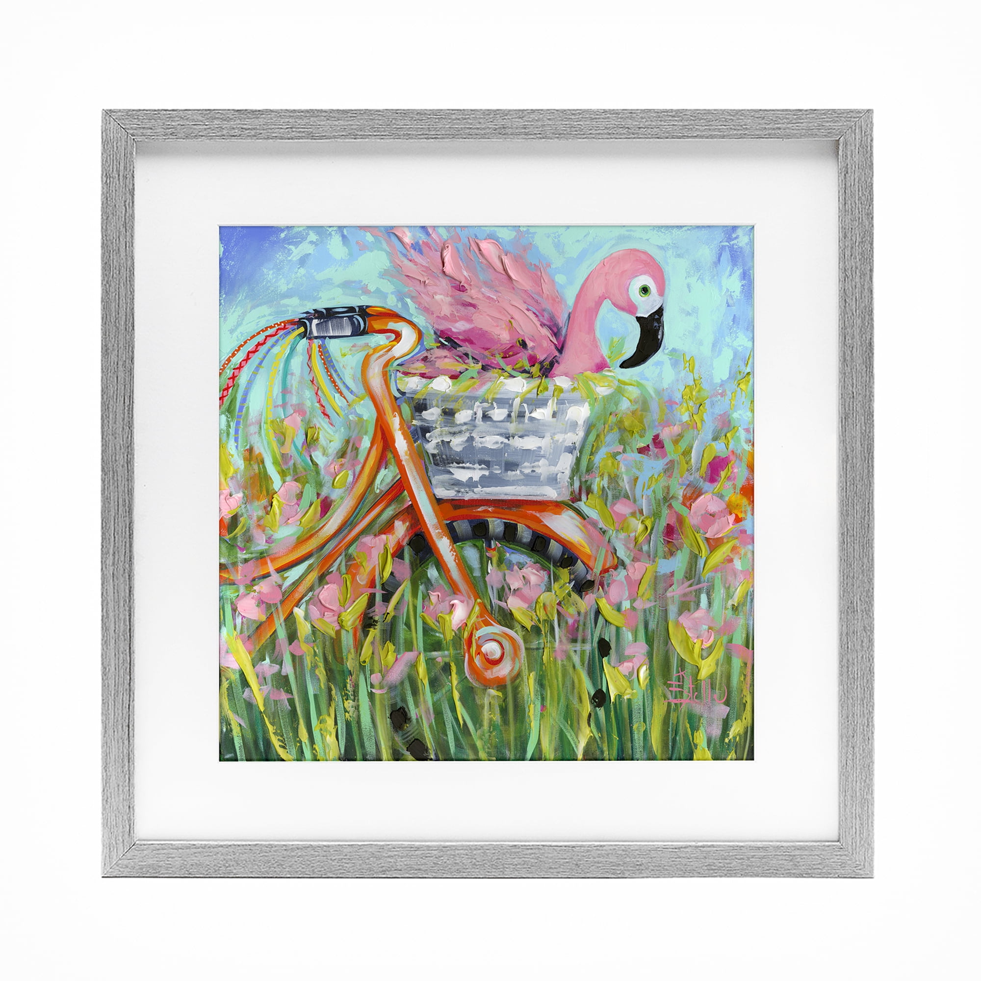 Stupell Industries Flamingo's Free Bicycle Ride Gray Framed Print Under Glass, design by Estelle Grengs