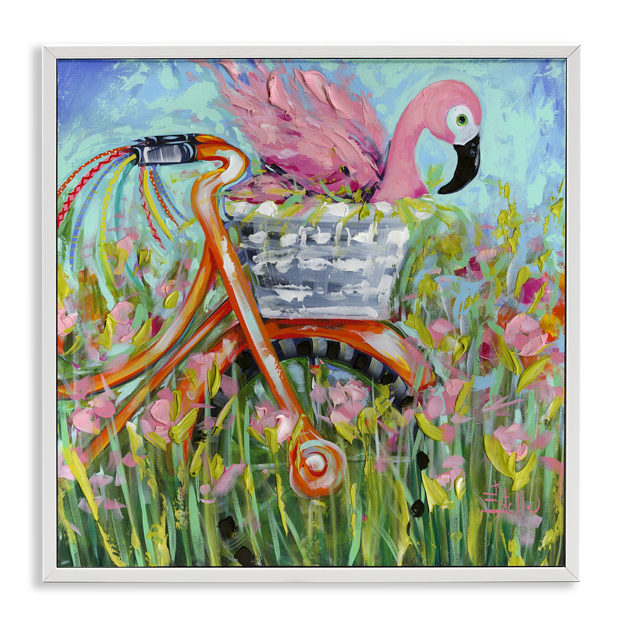 Stupell Industries Flamingo's Free Bicycle Ride White Framed Giclee Art, design by Estelle Grengs