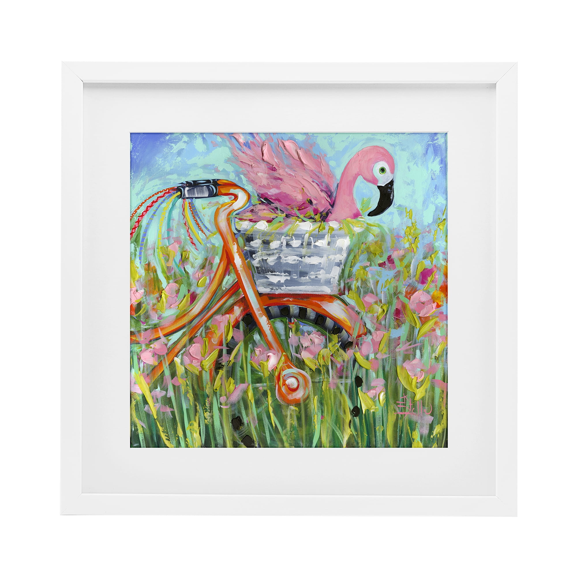 Stupell Industries Flamingo's Free Bicycle Ride White Framed Print Under Glass, design by Estelle Grengs