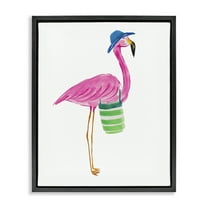 Stupell Industries Flamingo with Beach Bag Animals & Insects Painting Black Floater Framed Canvas Art Print Wall Art, 17 x 21
