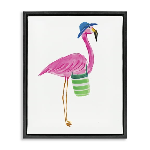 Stupell Industries Flamingo with Beach Bag Animals & Insects Painting Black Floater Framed Canvas Art Print Wall Art, 17 x 21