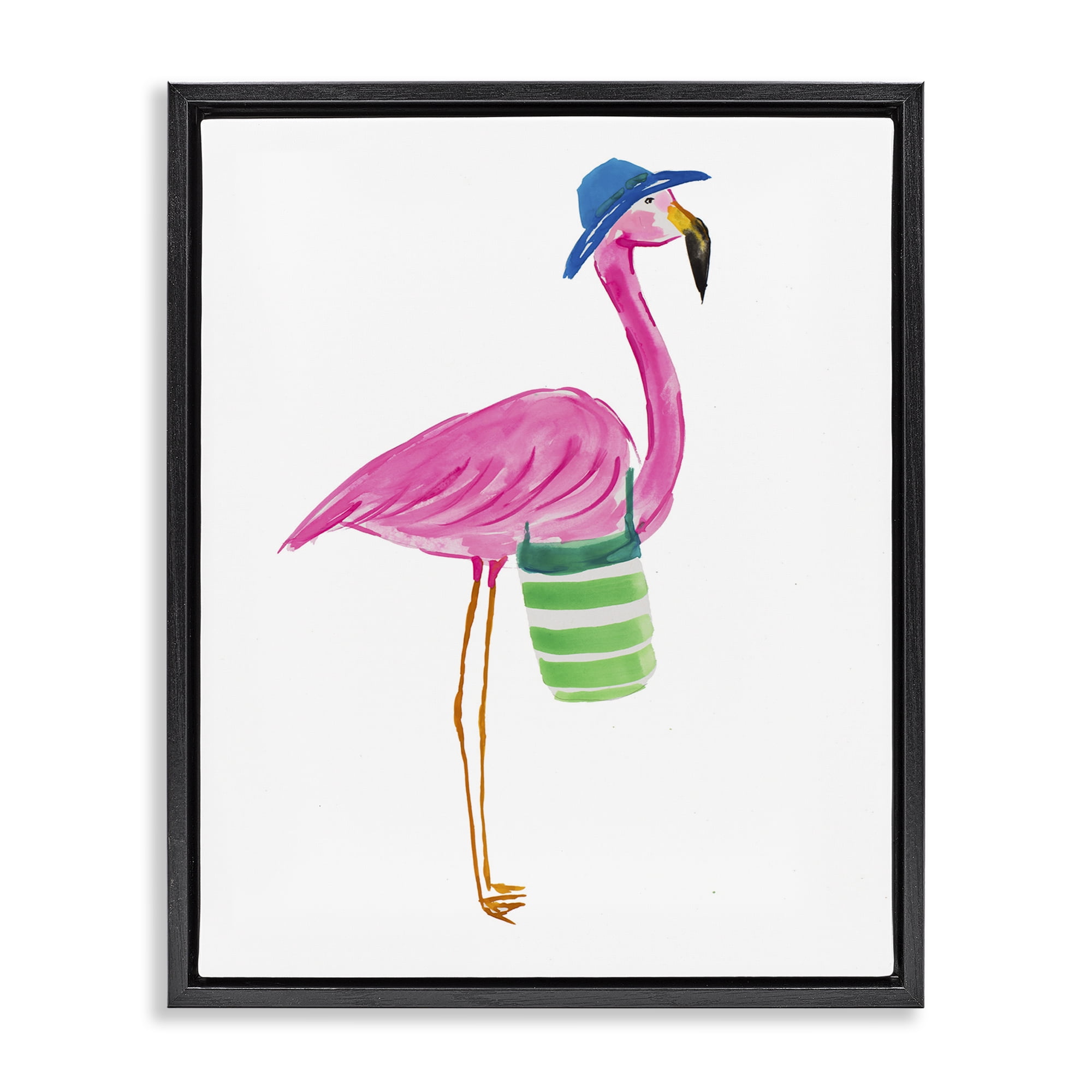 Stupell Industries Flamingo with Beach Bag Animals & Insects Painting Black Floater Framed Canvas Art Print Wall Art, 25 x 31