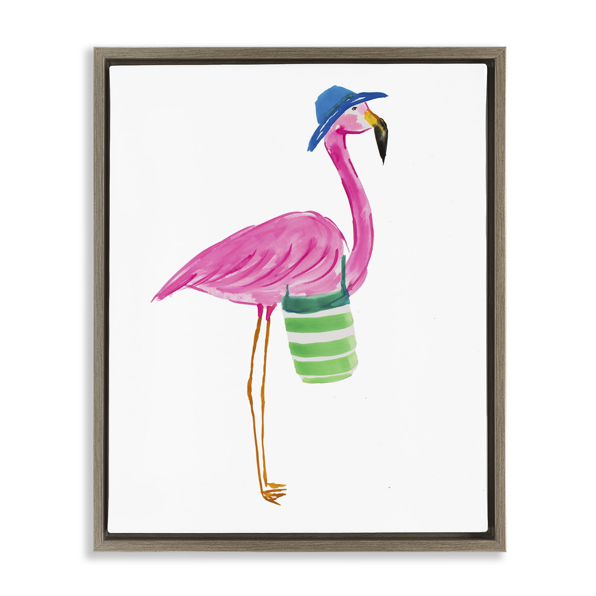 Stupell Industries Flamingo with Beach Bag Animals & Insects Painting Brown Floater Framed Canvas Art Print Wall Art, 25 x 31