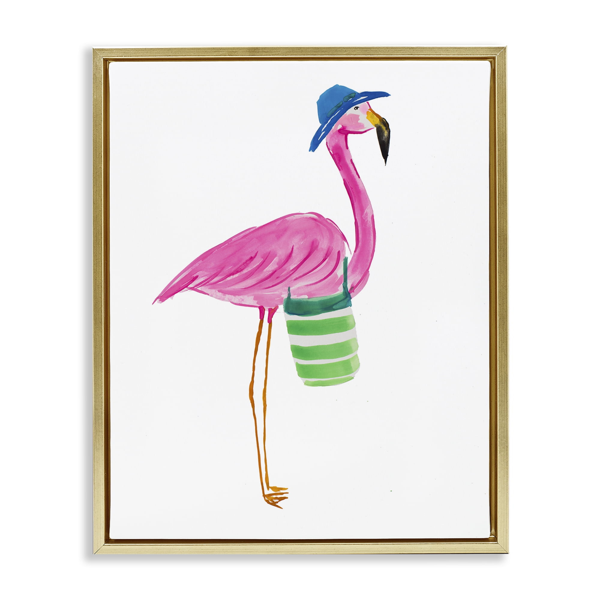Stupell Industries Flamingo with Beach Bag Animals & Insects Painting Gold Floater Framed Canvas Art Print Wall Art, 17 x 21