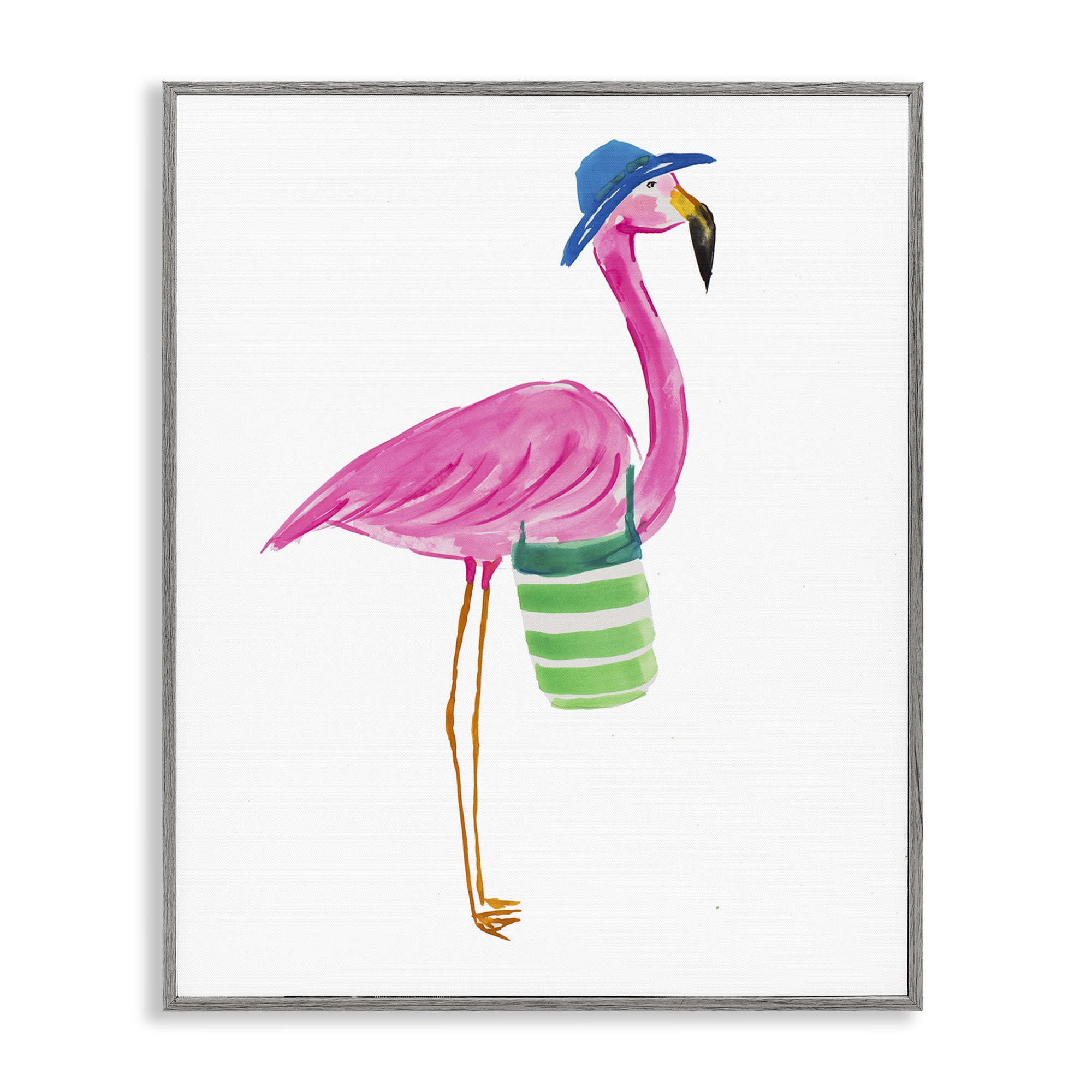 Stupell Industries Flamingo with Beach Bag Animals & Insects Painting Gray Framed Art Print Wall Art, 16 x 20