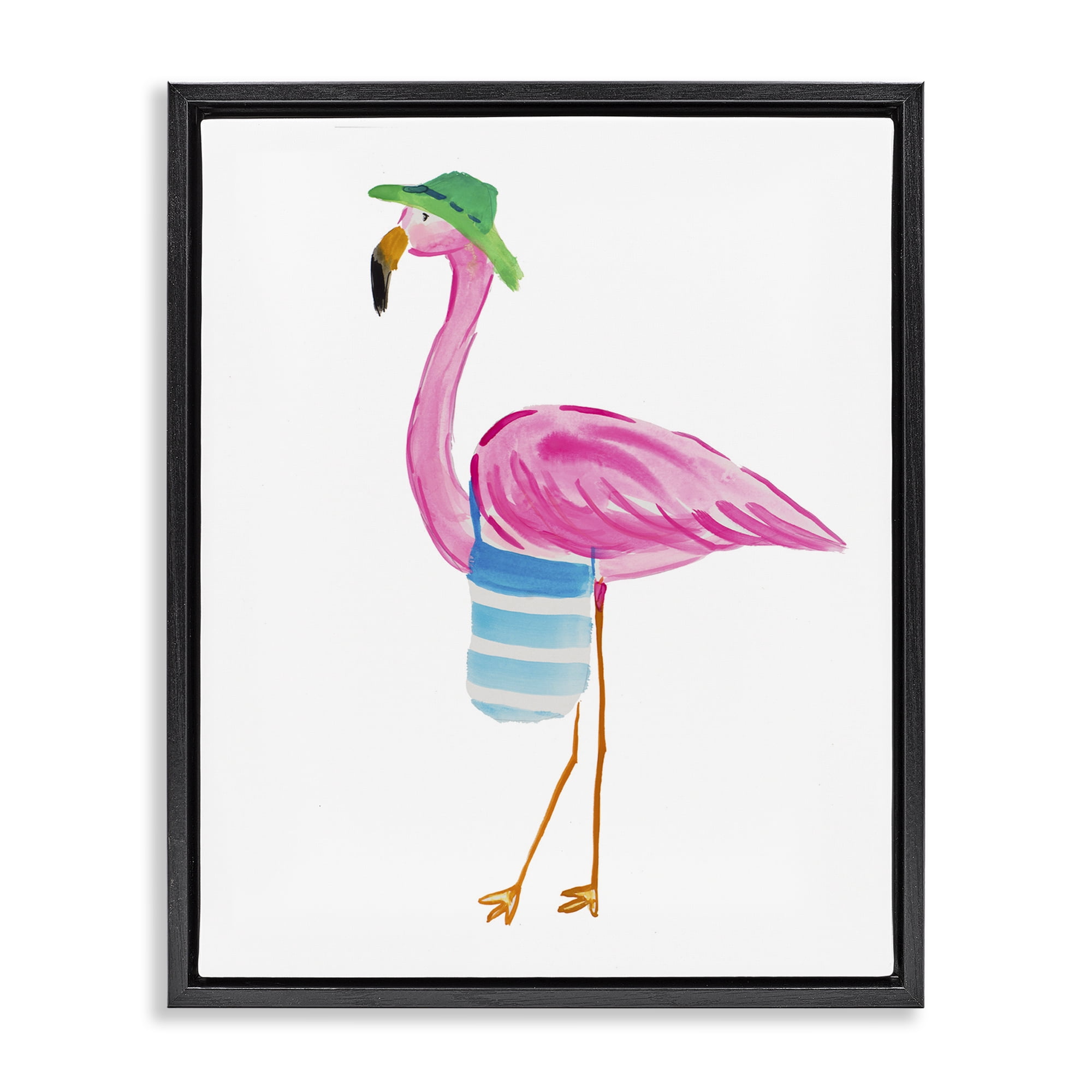 Stupell Industries Flamingo with Beach Tote Animals & Insects Painting Black Floater Framed Canvas Art Print Wall Art, 17 x 21