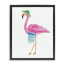 Stupell Industries Flamingo with Beach Tote Animals & Insects Painting Black Floater Framed Canvas Art Print Wall Art, 17 x 21