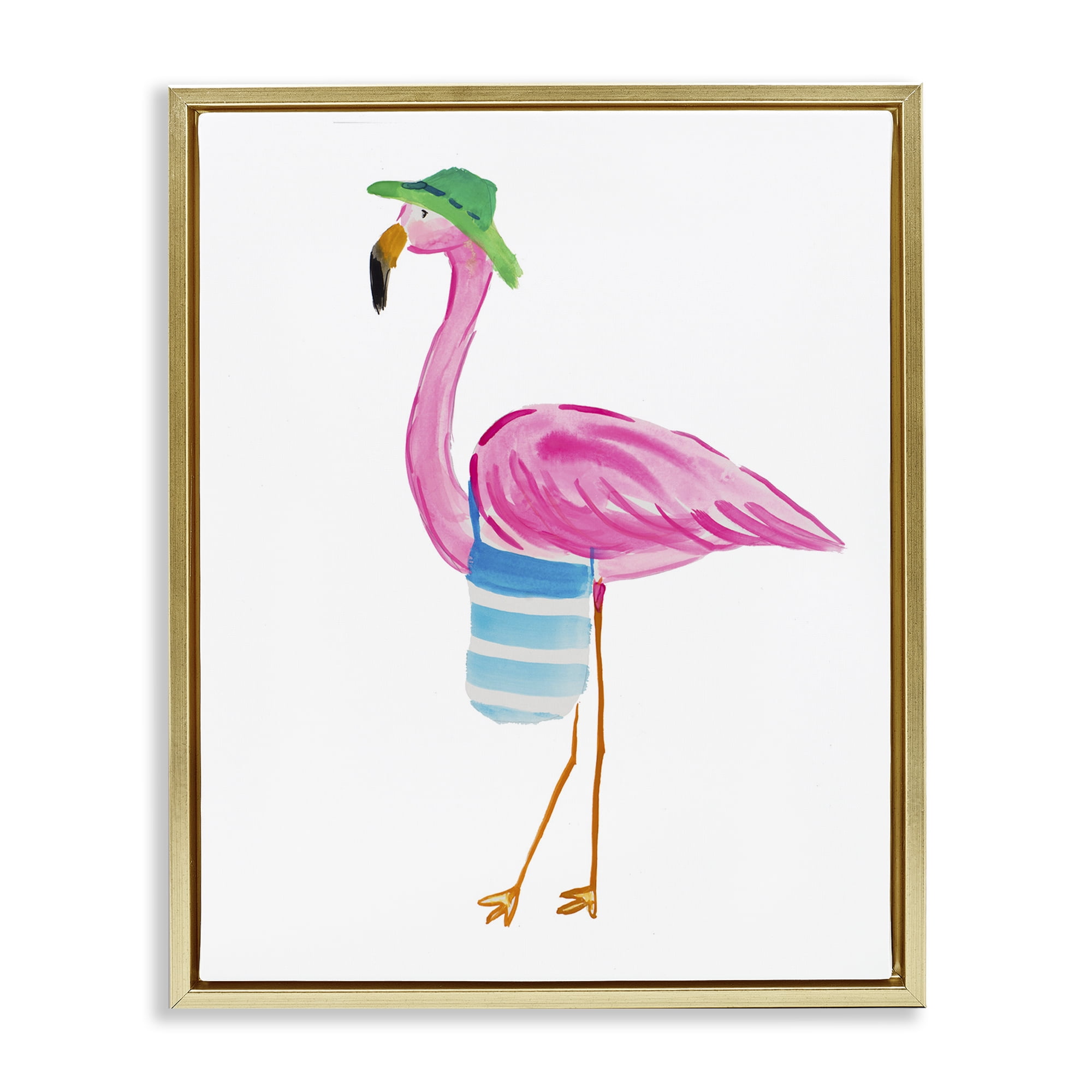 Stupell Industries Flamingo with Beach Tote Animals & Insects Painting Gold Floater Framed Canvas Art Print Wall Art, 25 x 31