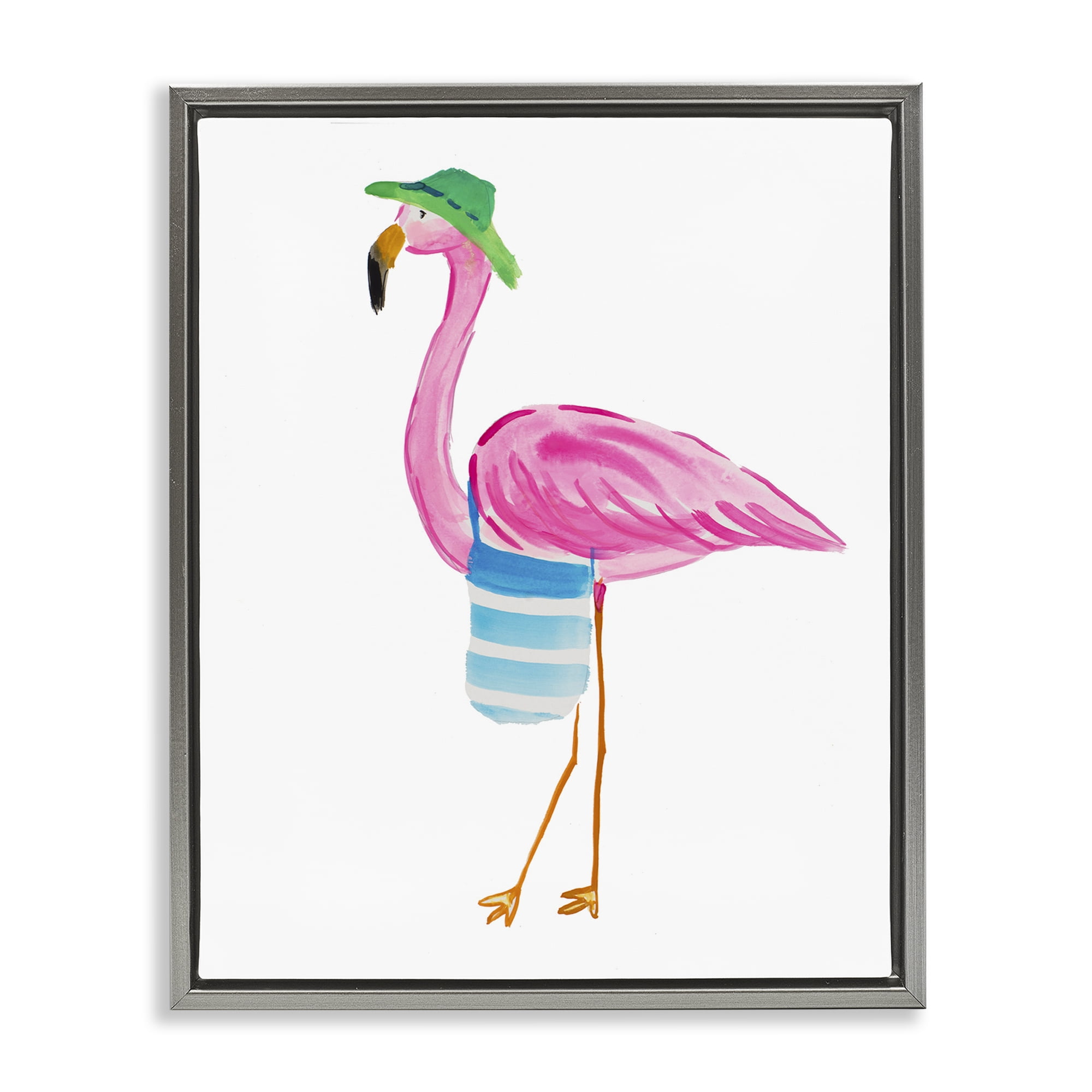 Stupell Industries Flamingo with Beach Tote Animals & Insects Painting Gray Floater Framed Canvas Art Print Wall Art, 17 x 21