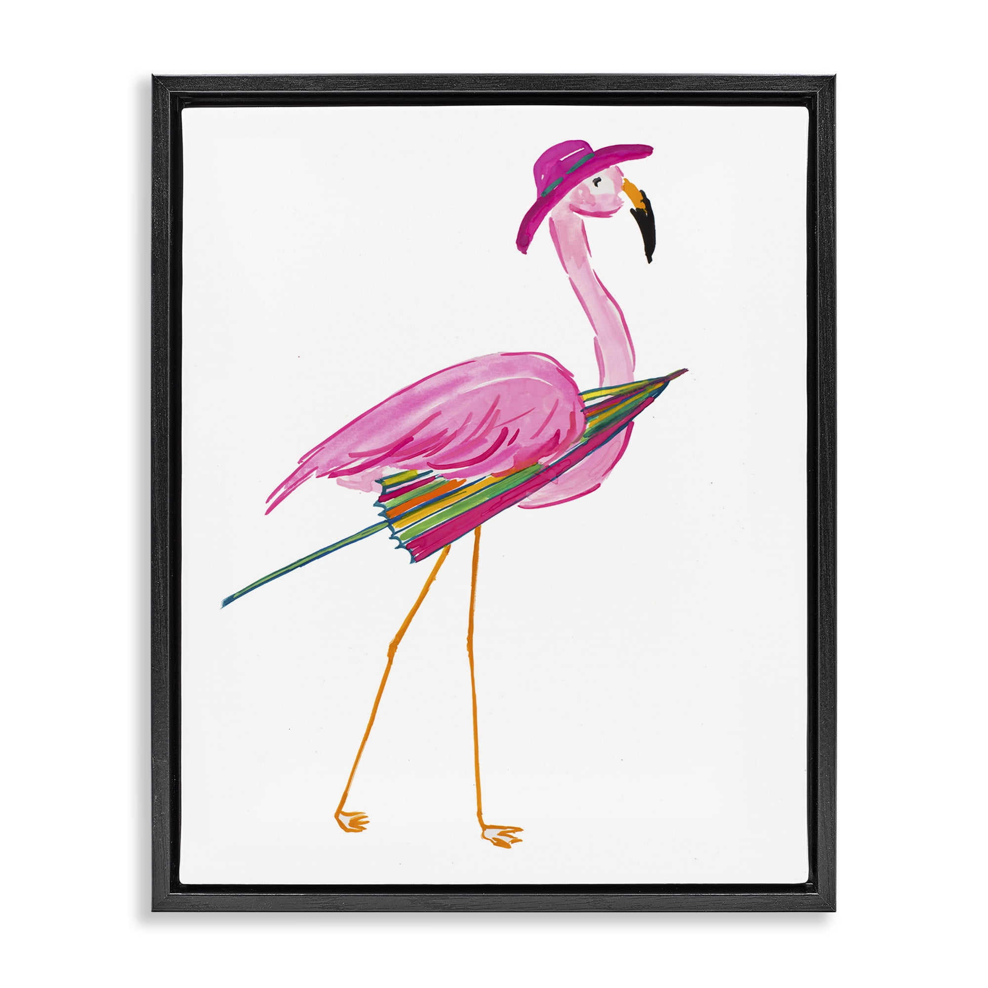 Stupell Industries Flamingo with Beach Umbrella Animals & Insects Painting Black Floater Framed Canvas Art Print Wall Art, 17 x 21