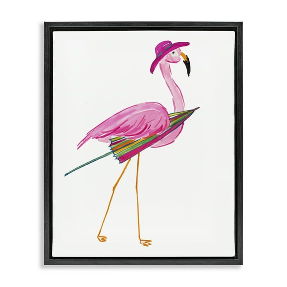 Stupell Industries Flamingo with Beach Umbrella Animals & Insects Painting Black Floater Framed Canvas Art Print Wall Art, 17 x 21