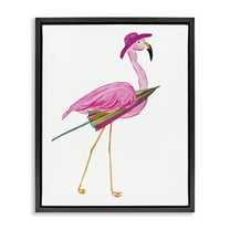 Stupell Industries Flamingo with Beach Umbrella Animals & Insects Painting Black Floater Framed Canvas Art Print Wall Art, 17 x 21