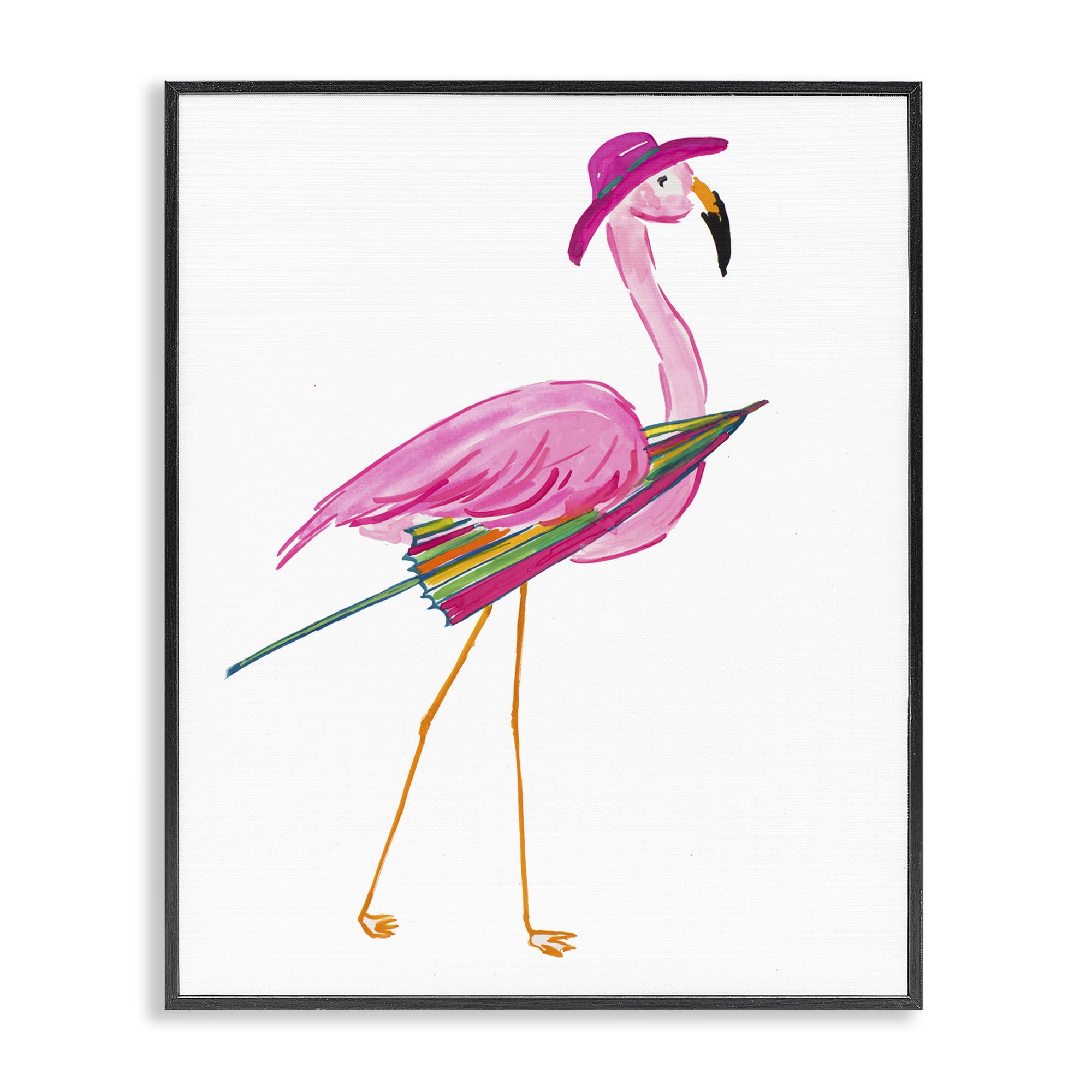 Stupell Industries Flamingo with Beach Umbrella Animals & Insects Painting Black Framed Art Print Wall Art, 24 x 30