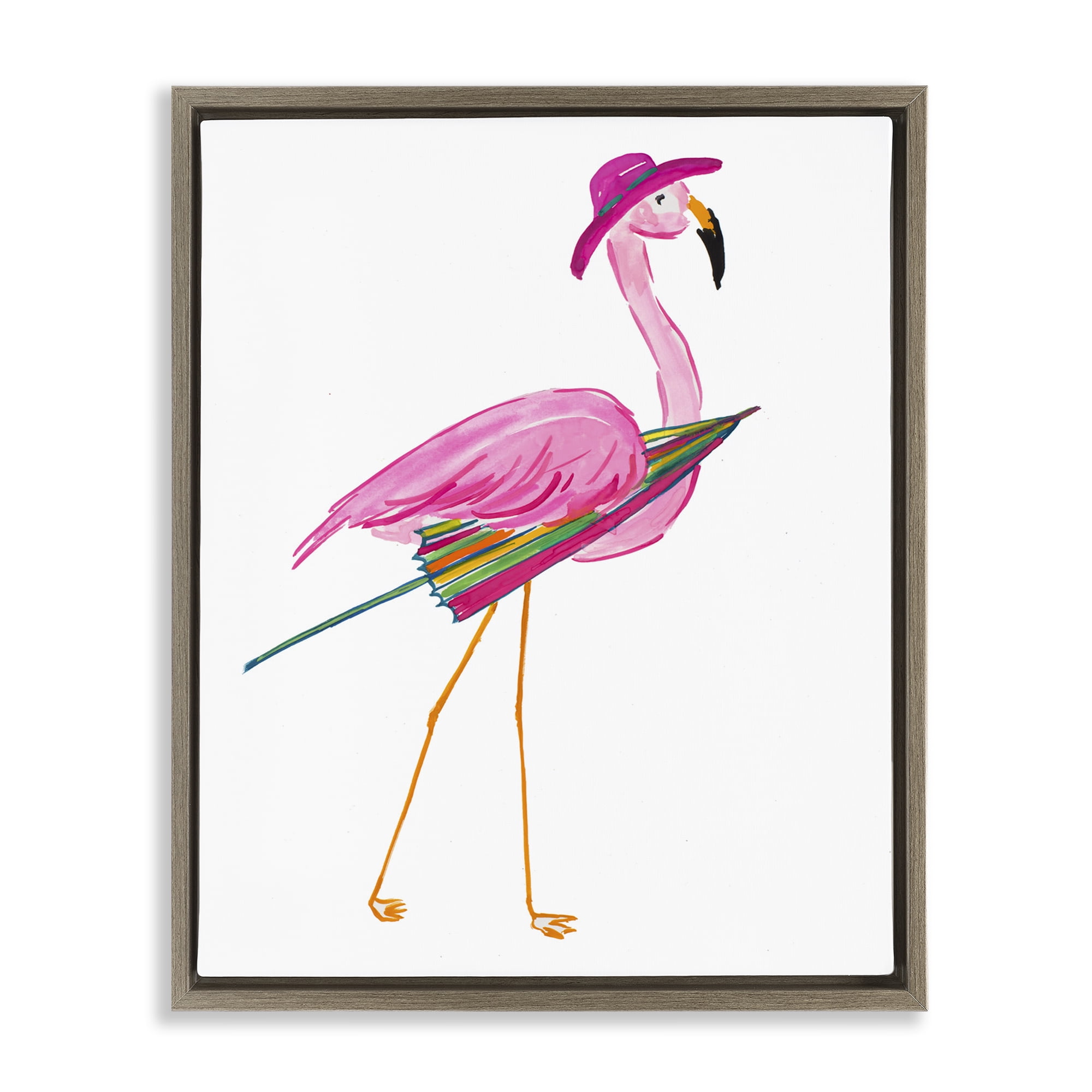 Stupell Industries Flamingo with Beach Umbrella Animals & Insects Painting Brown Floater Framed Canvas Art Print Wall Art, 17 x 21