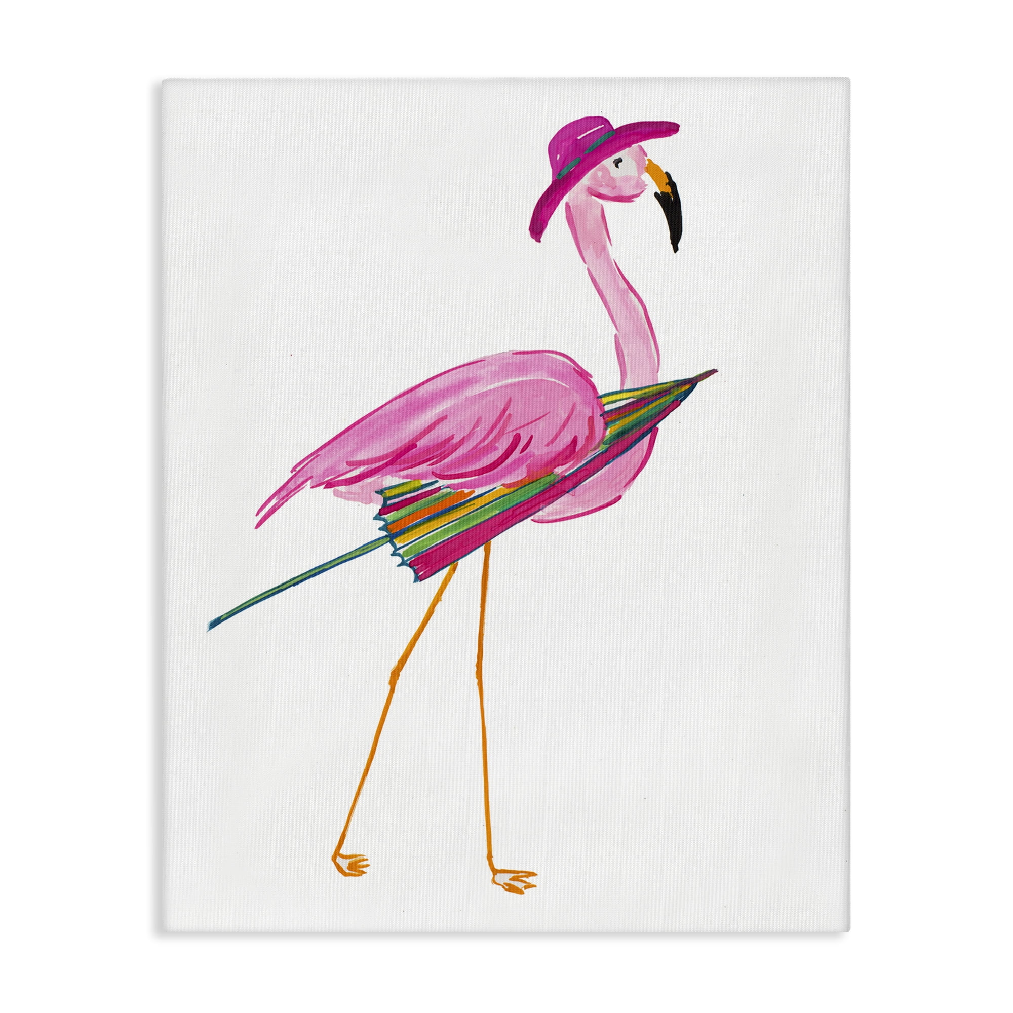 Stupell Industries Flamingo with Beach Umbrella Animals & Insects Painting Gallery Wrapped Canvas Art Print Wall Art, 24 x 30