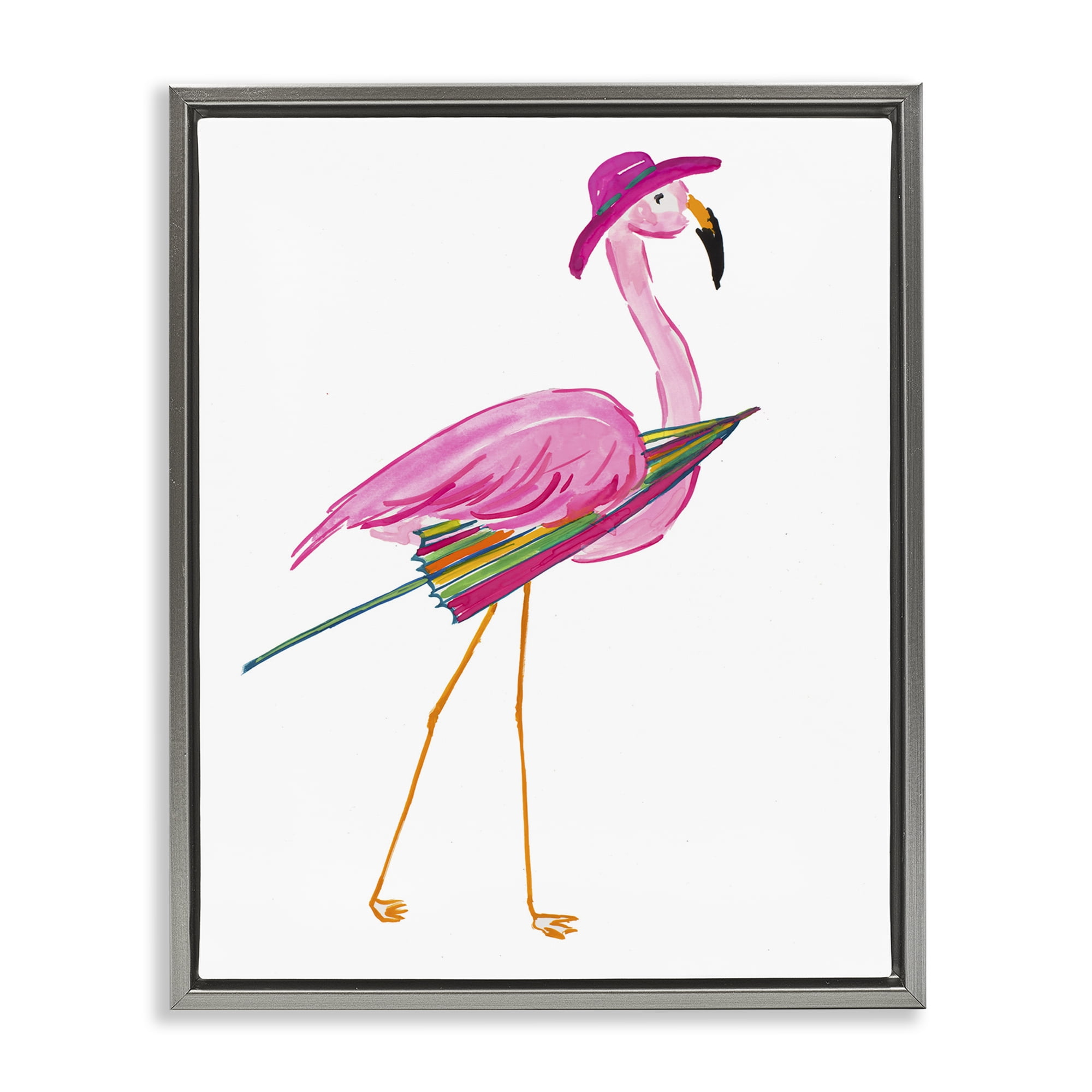 Stupell Industries Flamingo with Beach Umbrella Animals & Insects Painting Gray Floater Framed Canvas Art Print Wall Art, 17 x 21