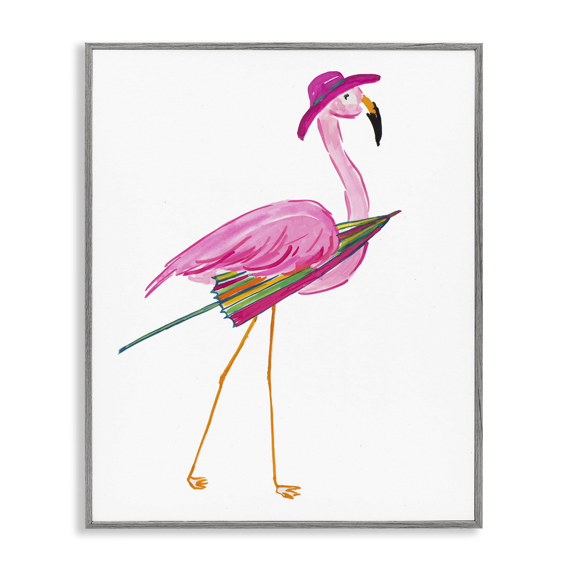 Stupell Industries Flamingo with Beach Umbrella Animals & Insects Painting Gray Framed Art Print Wall Art, 11 x 14