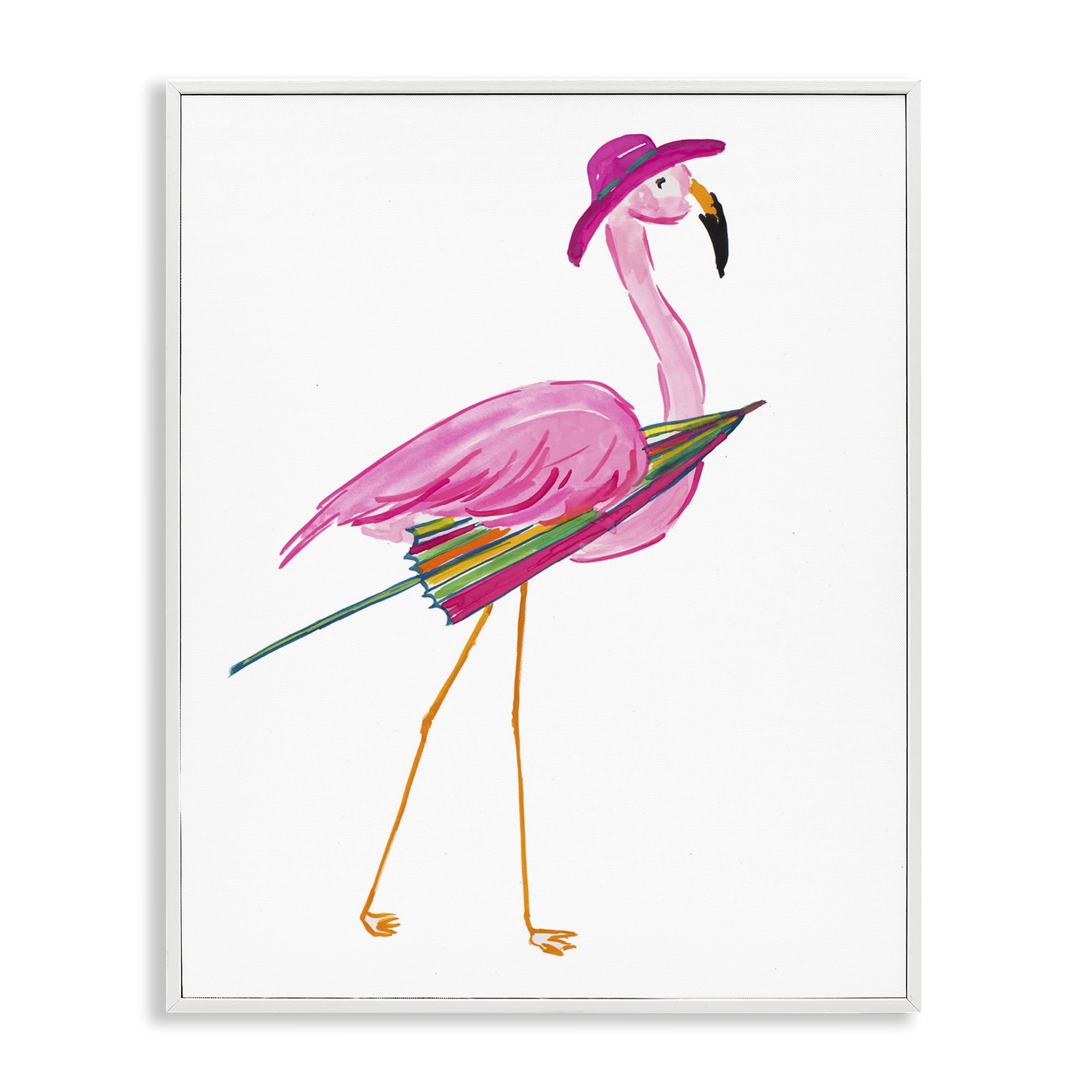 Stupell Industries Flamingo with Beach Umbrella Animals & Insects Painting White Framed Art Print Wall Art, 24 x 30