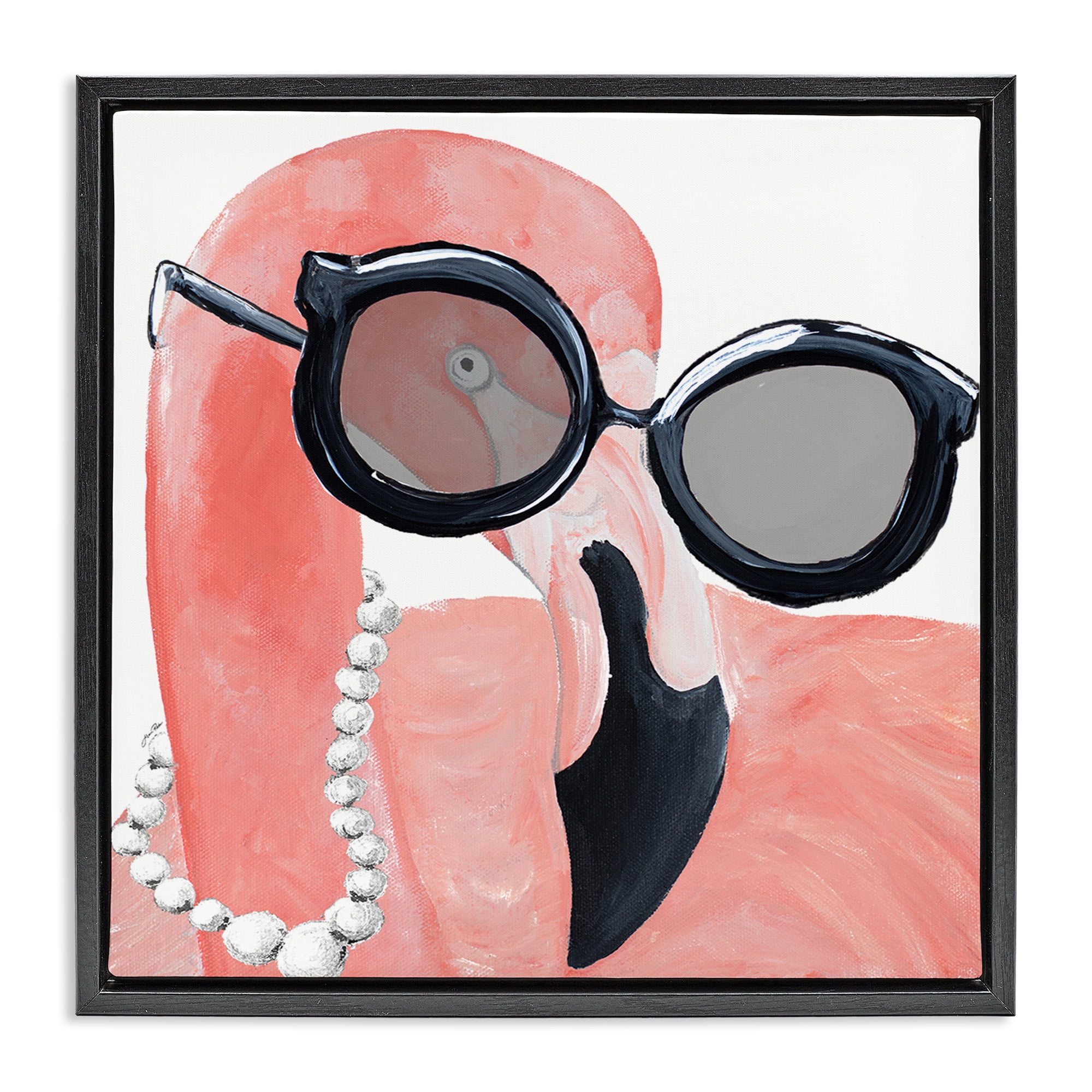 Stupell Industries Flamingo with Glam Pearls Animals & Insects Painting Black Floater Framed Canvas Art Print Wall Art, 18 x 18