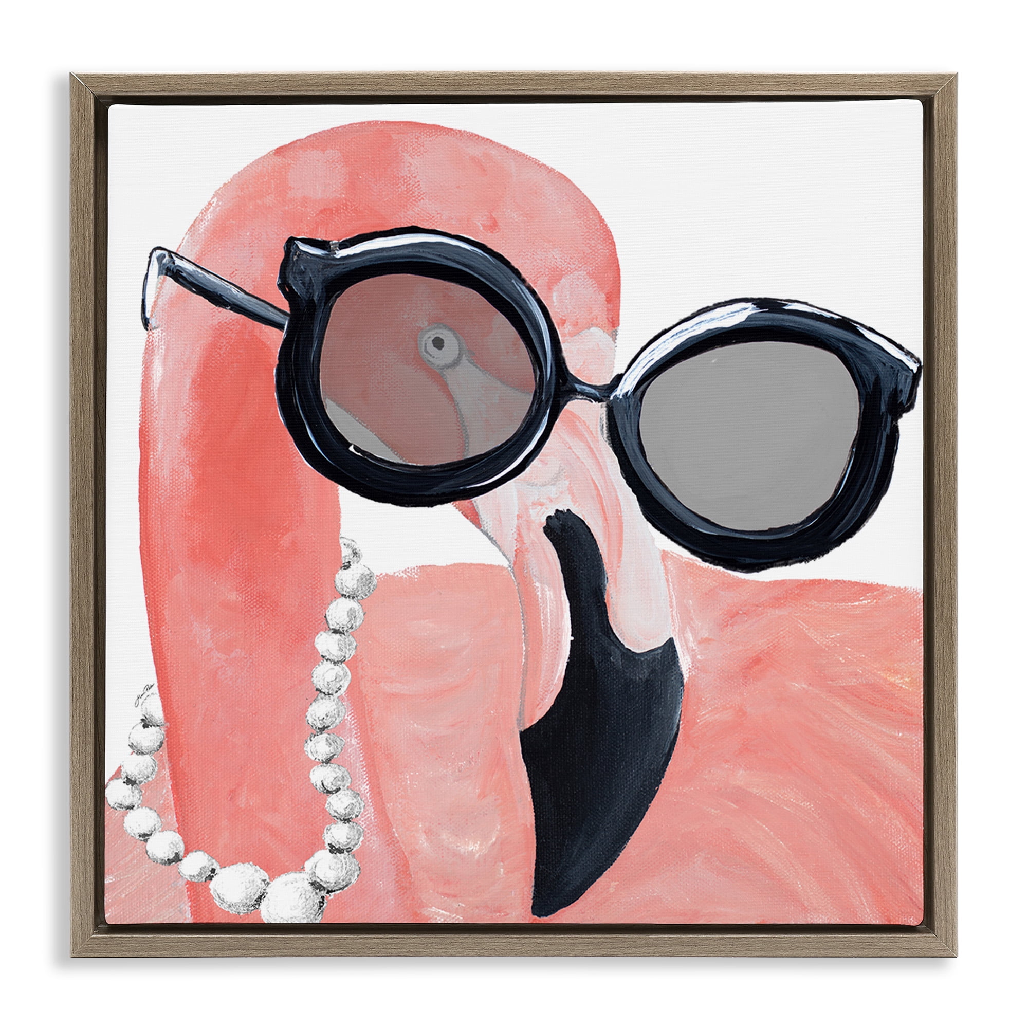 Stupell Industries Flamingo with Glam Pearls Animals & Insects Painting Brown Floater Framed Canvas Art Print Wall Art, 18 x 18