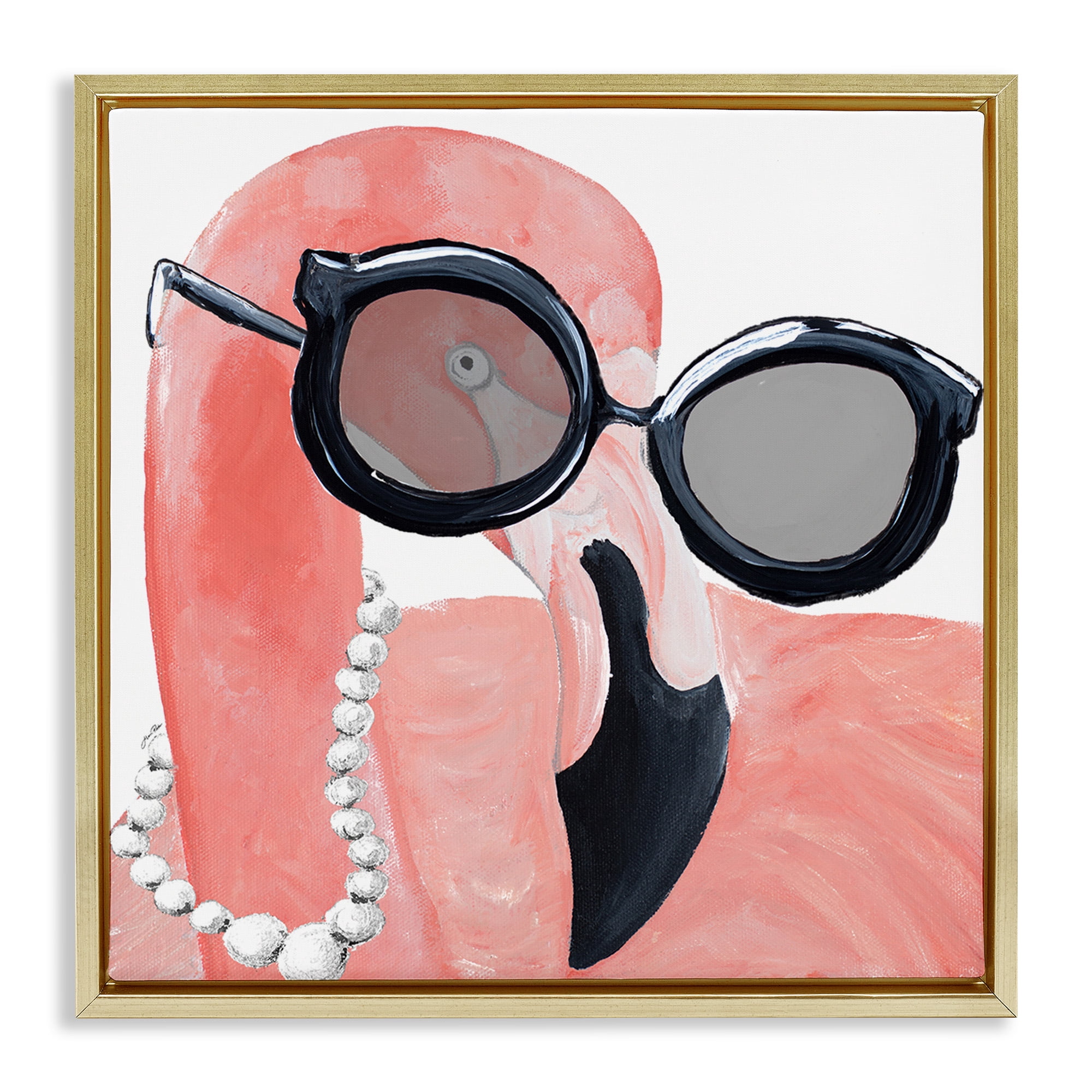 Stupell Industries Flamingo with Glam Pearls Animals & Insects Painting Gold Floater Framed Canvas Art Print Wall Art, 18 x 18