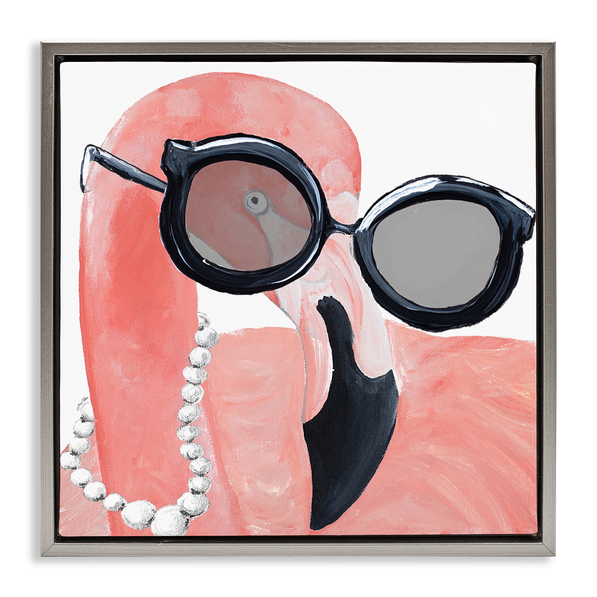 Stupell Industries Flamingo with Glam Pearls Animals & Insects Painting Gray Floater Framed Canvas Art Print Wall Art, 25 x 25