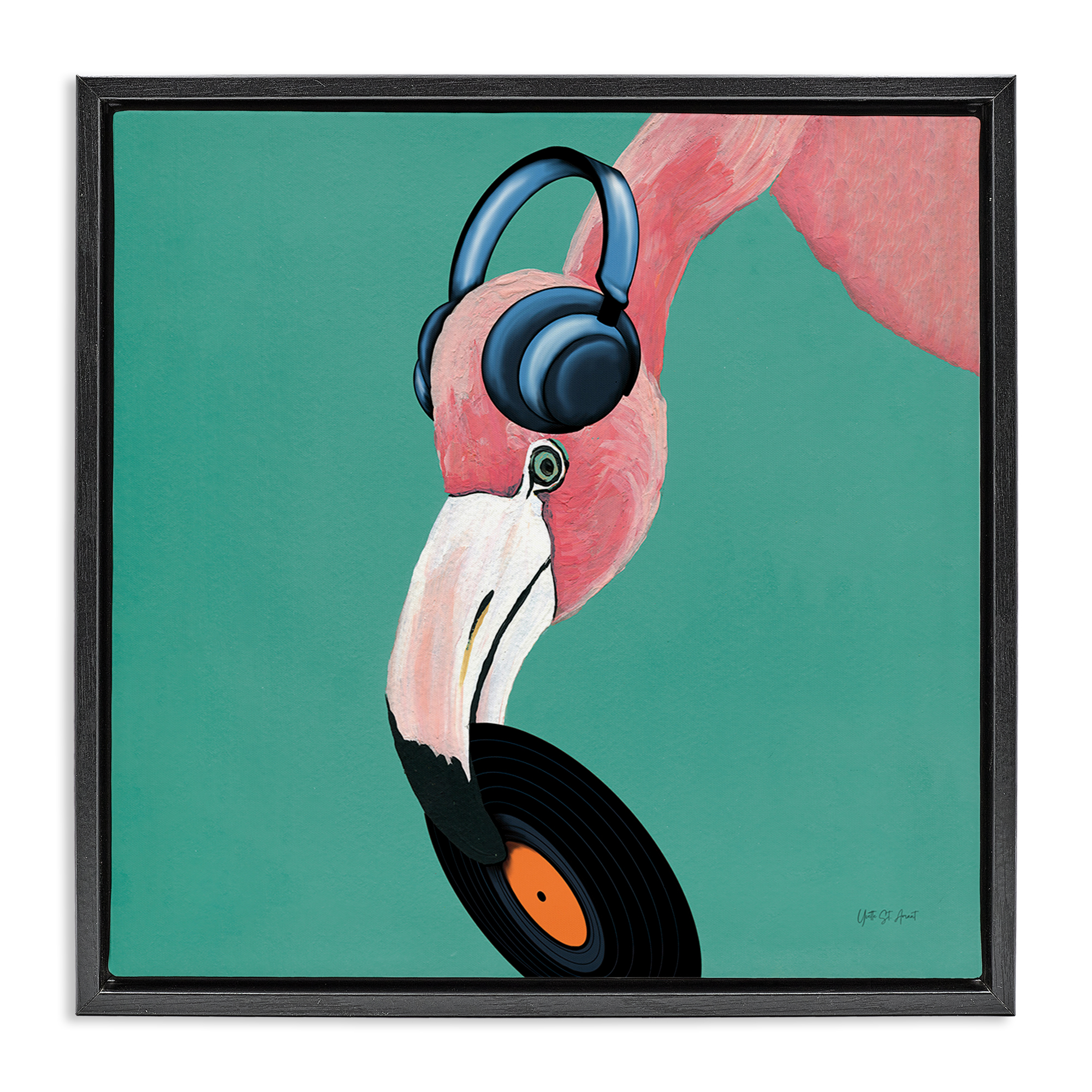 Stupell Industries Flamingo with Music Record Entertainment Painting Black Floater Framed Canvas Art Print Wall Art, 25 x 25