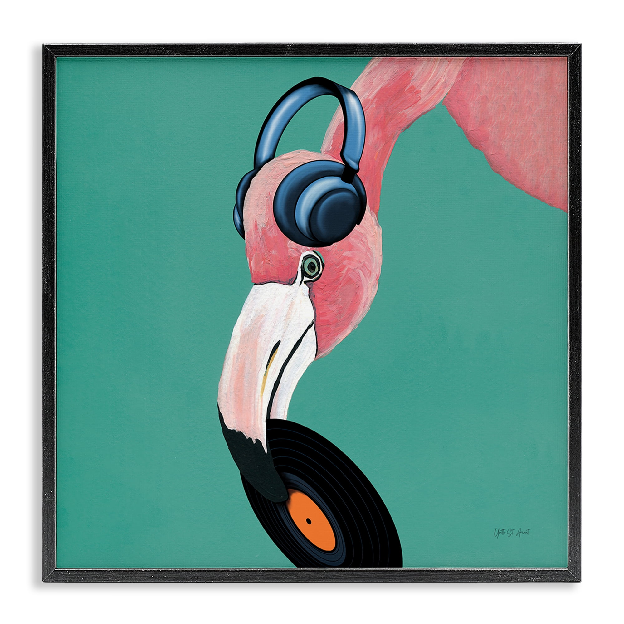 Stupell Industries Flamingo with Music Record Entertainment Painting Black Framed Art Print Wall Art, 24 x 24