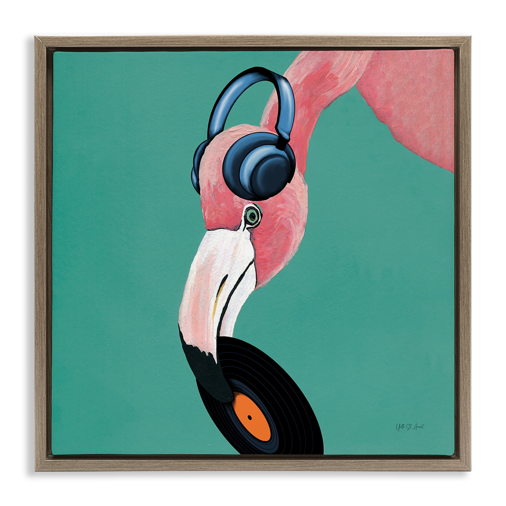 Stupell Industries Flamingo with Music Record Entertainment Painting Brown Floater Framed Canvas Art Print Wall Art, 18 x 18