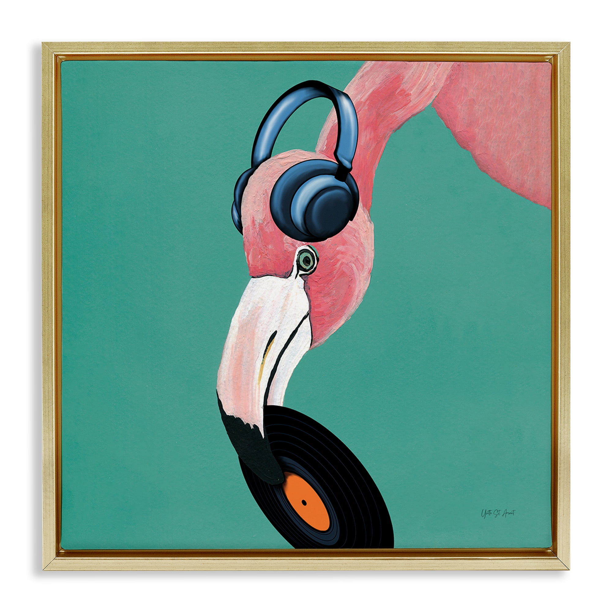 Stupell Industries Flamingo with Music Record Entertainment Painting Gold Floater Framed Canvas Art Print Wall Art, 25 x 25