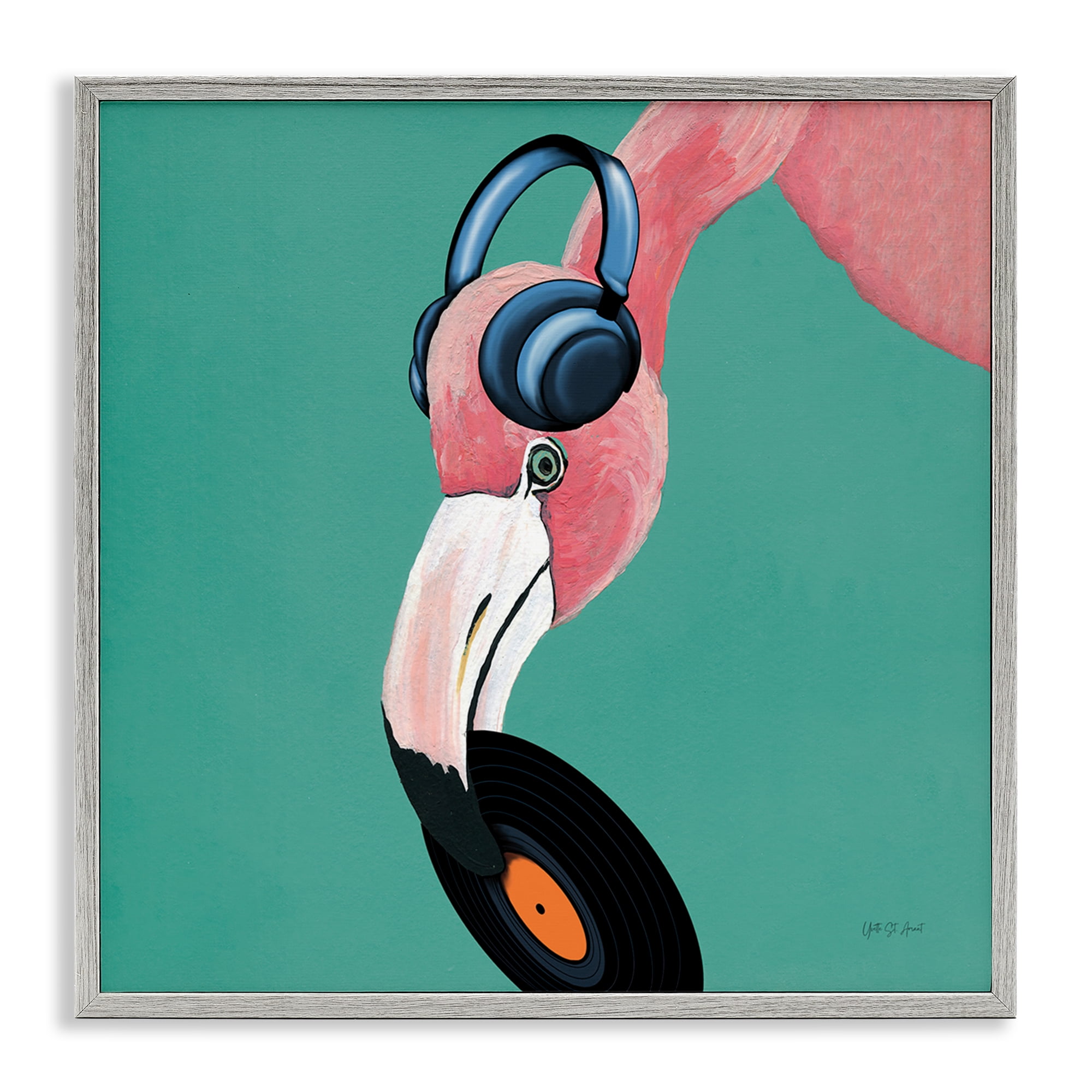 Stupell Industries Flamingo with Music Record Entertainment Painting Gray Framed Art Print Wall Art, 17 x 17