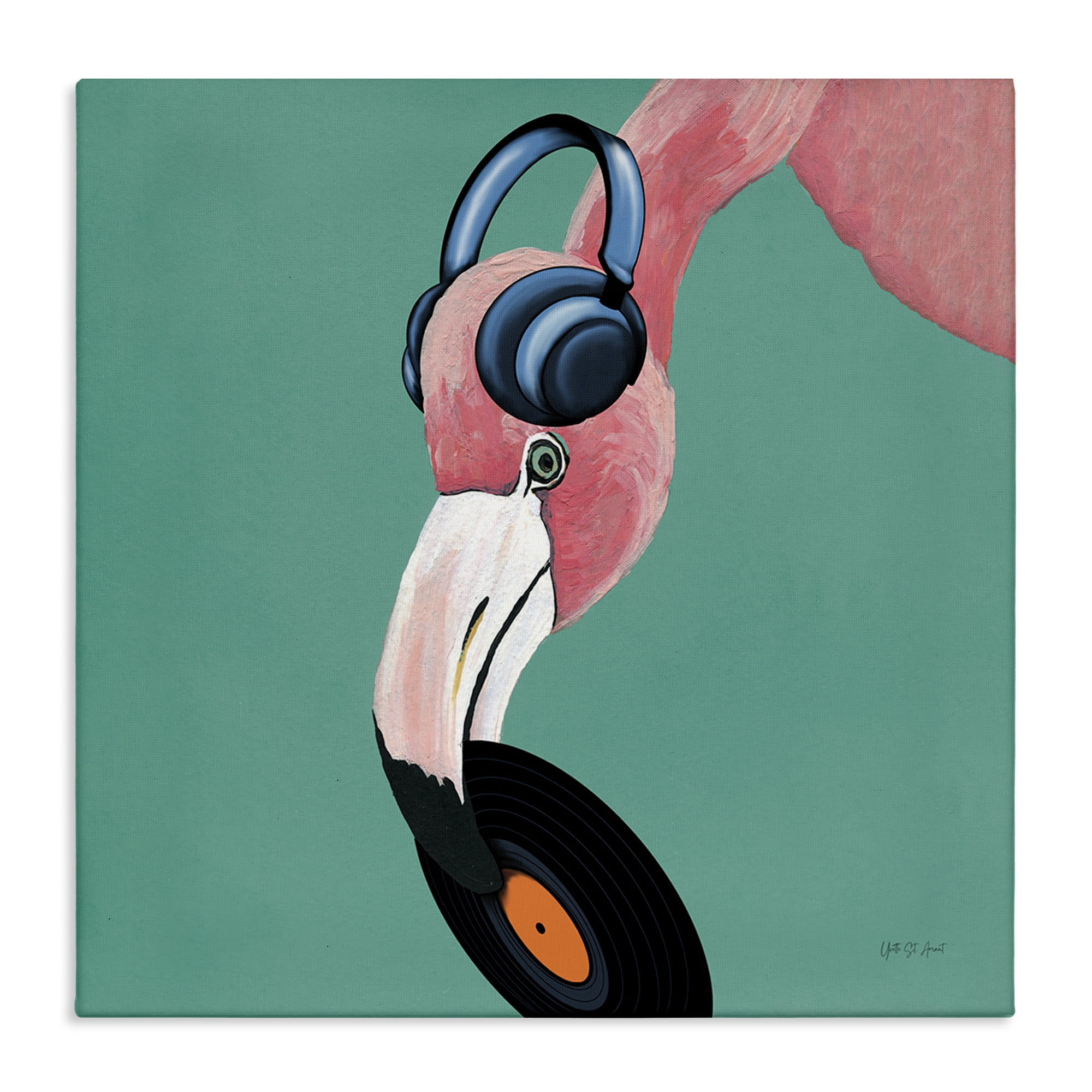 Stupell Industries Flamingo with Music Record Entertainment Painting Wrapped Canvas Art Print Wall Art, 17 x 17