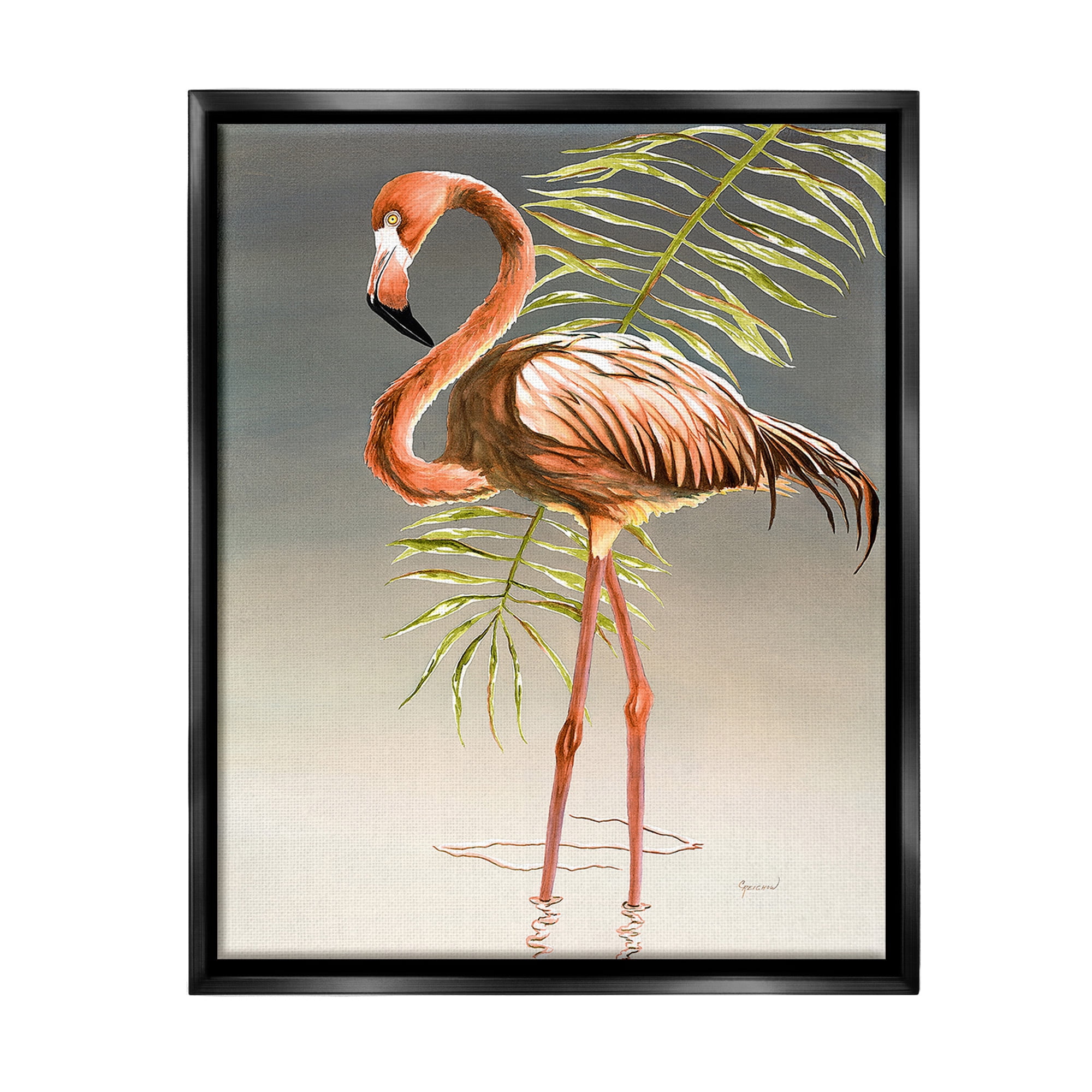 Stupell Industries Flamingo with Water Ripple Animals & Insects Painting Black Floater Framed Canvas Art Print Wall Art, 25 x 31