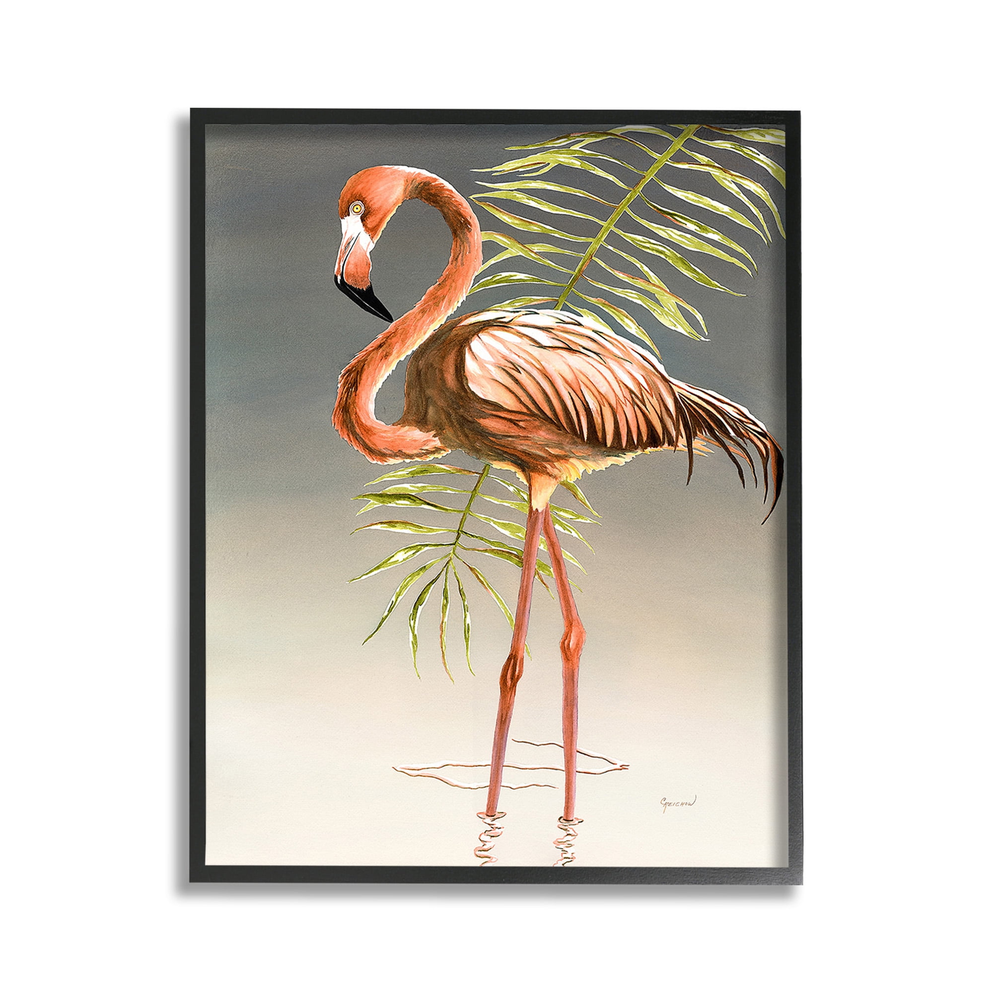 Flamingo with Water Ripple Black Framed Canvas Art Print, 11 x 14
