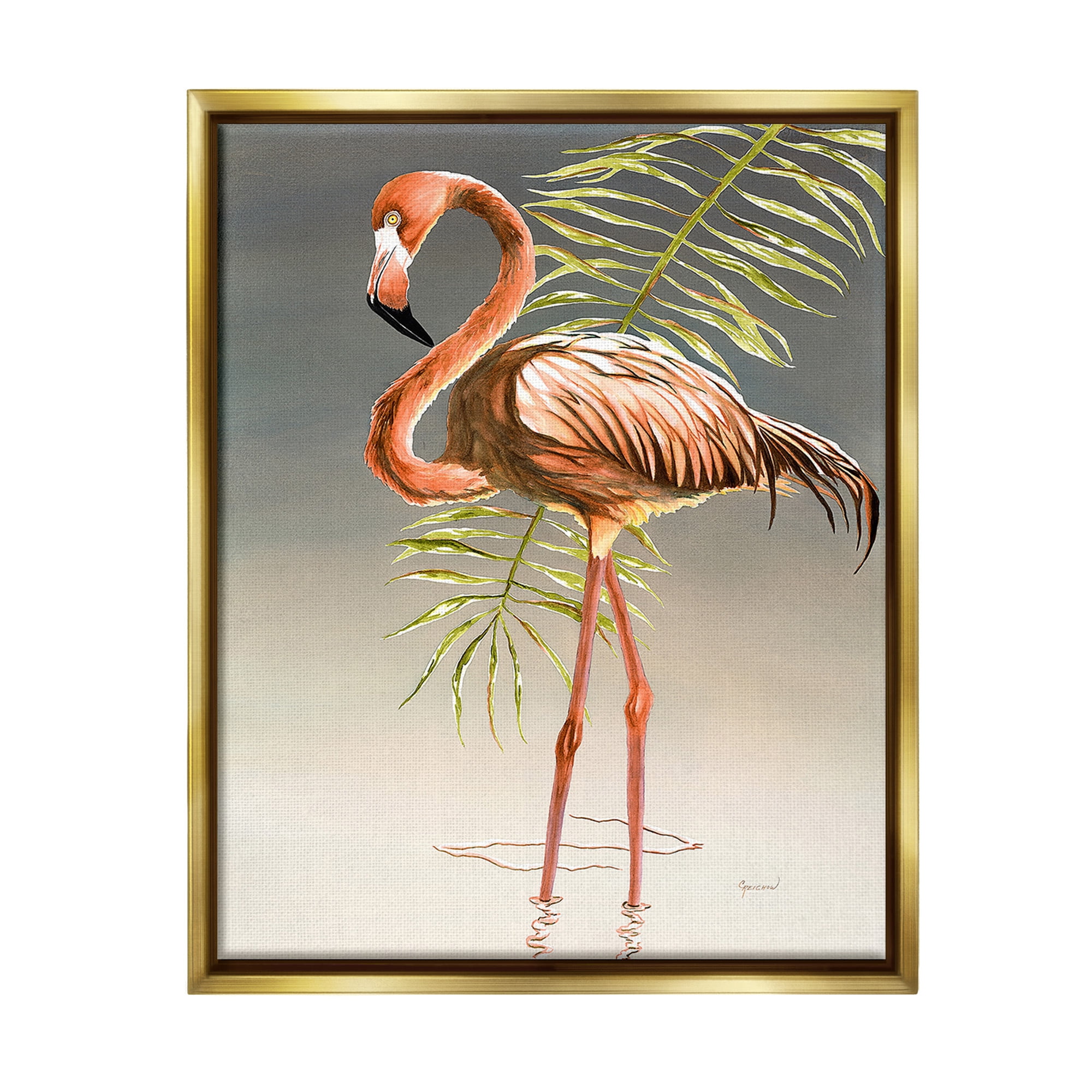 Stupell Industries Flamingo with Water Ripple Animals & Insects Painting Gold Floater Framed Canvas Art Print Wall Art, 17 x 21