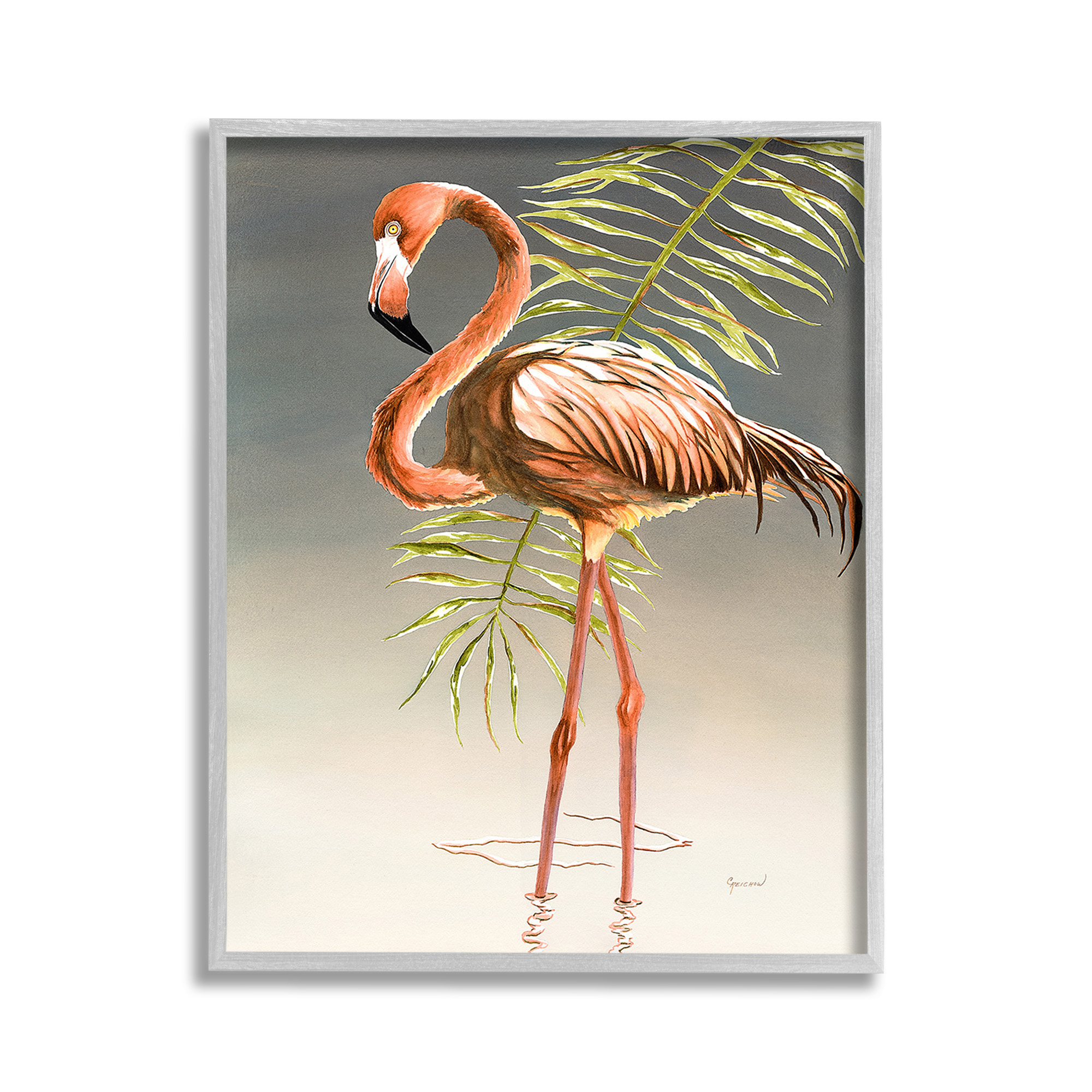 Stupell Industries Flamingo with Water Ripple Animals & Insects Painting Gray Framed Art Print Wall Art, 11 x 14