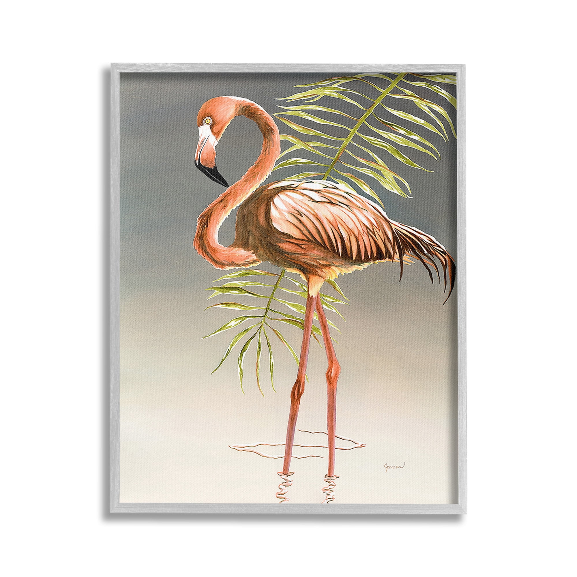 Stupell Industries Flamingo with Water Ripple Animals & Insects Painting Gray Framed Art Print Wall Art, 16 x 20